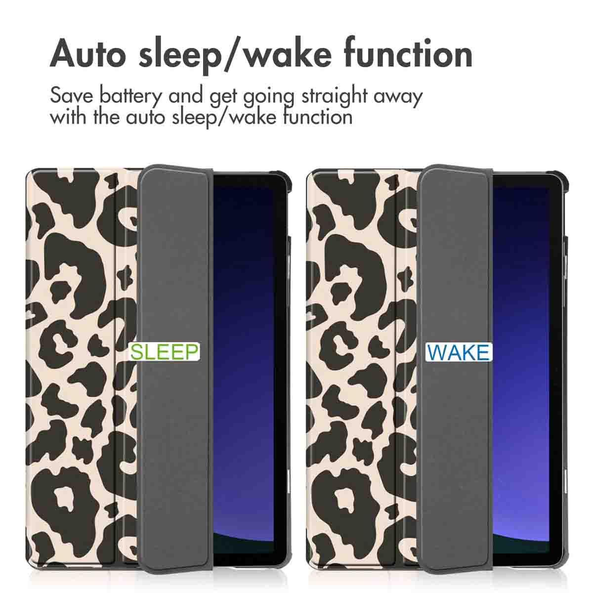 Automatische slaap/waak-functie op tabletcovers met luipaardprint, met sleep en wake labels.