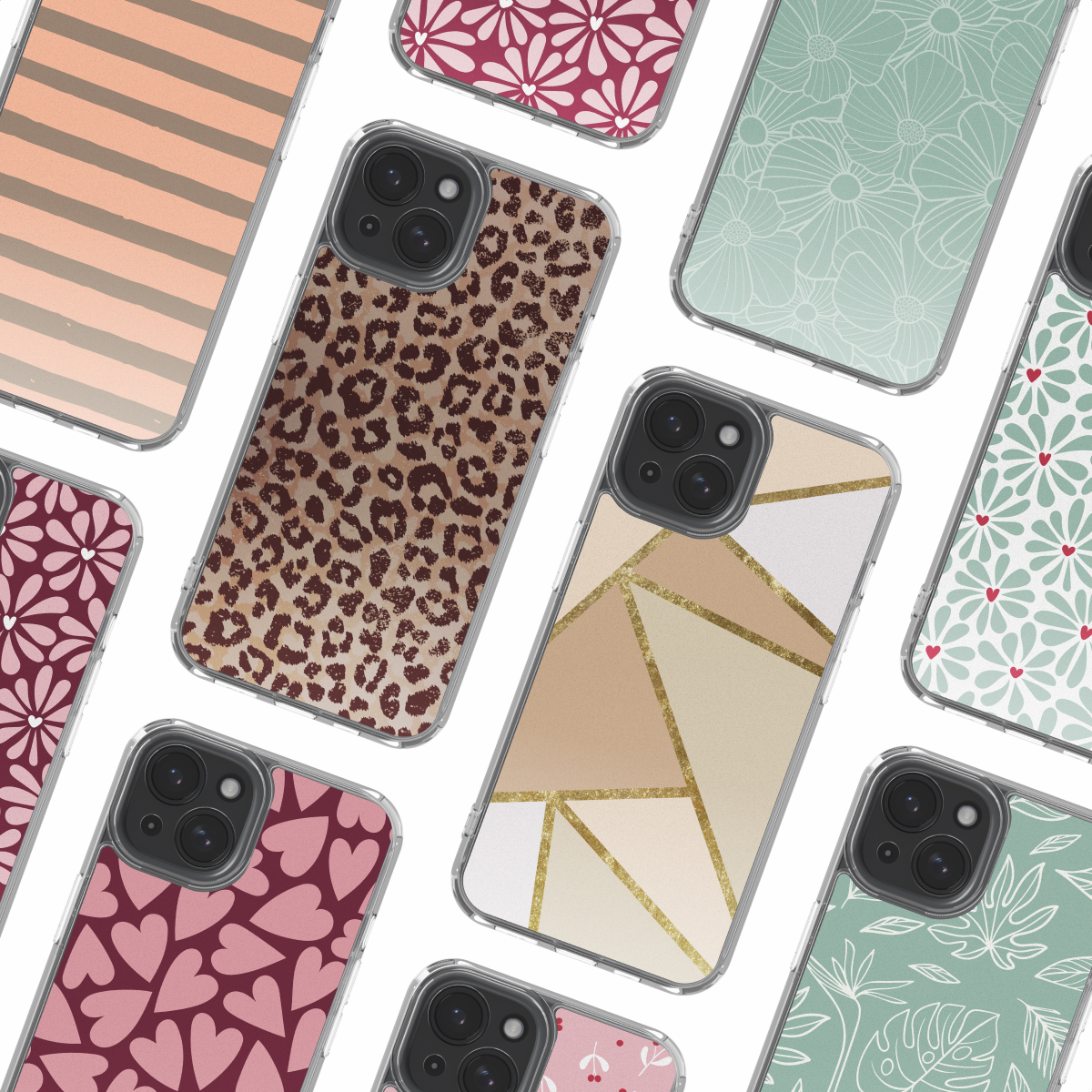 Diverse telefoonhoesjes met patronen zoals panterprint, bloemen, harten en strepen.