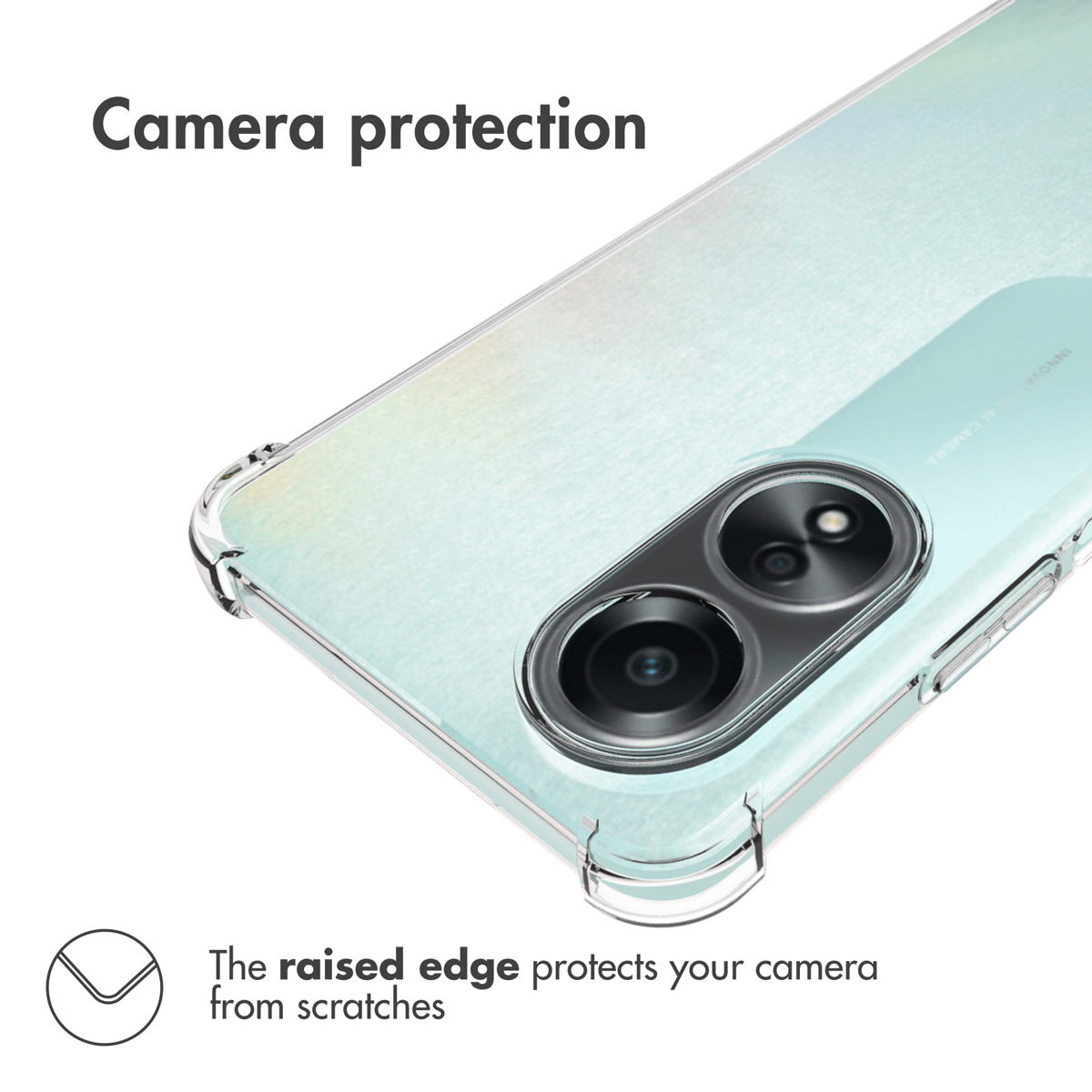 Un teléfono en una funda transparente que destaca la protección de la cámara.