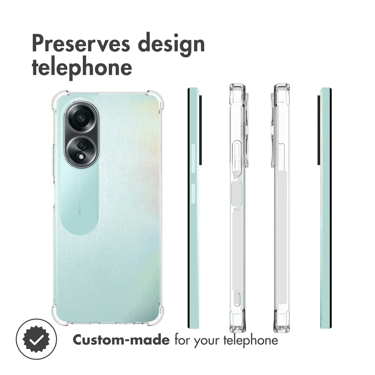 Funda protectora transparente para teléfono con reverso verde menta y múltiples ángulos laterales.