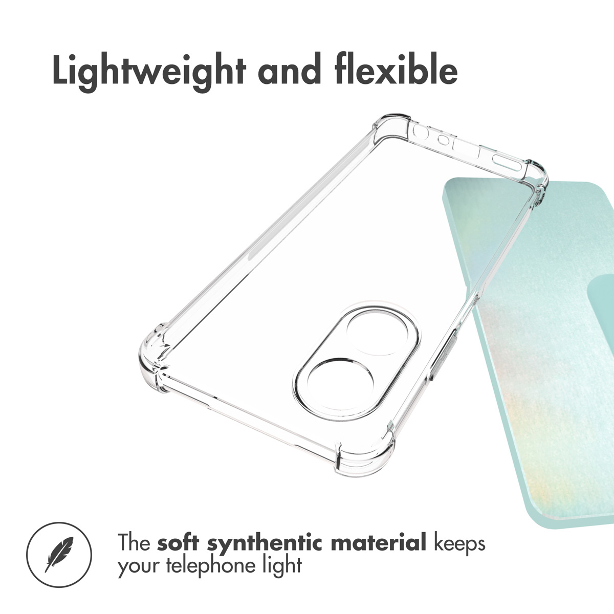 Una funda de móvil flexible y transparente con texto y una tarjeta azul al fondo.
