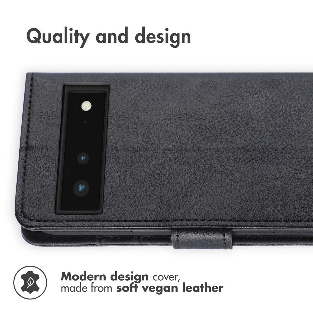 Custodia per smartphone in pelle vegana nera con ritaglio per fotocamera e testo.