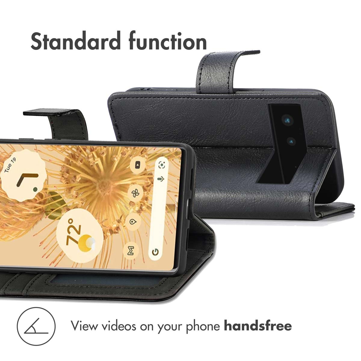 Custodia per cellulare in pelle nera con funzione di supporto e testo.