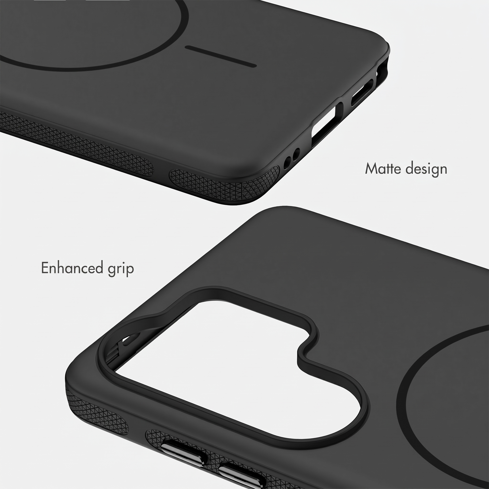 Zwei schwarze Handyhüllen zeigen mattes Design und strukturierte Seitengriffe.