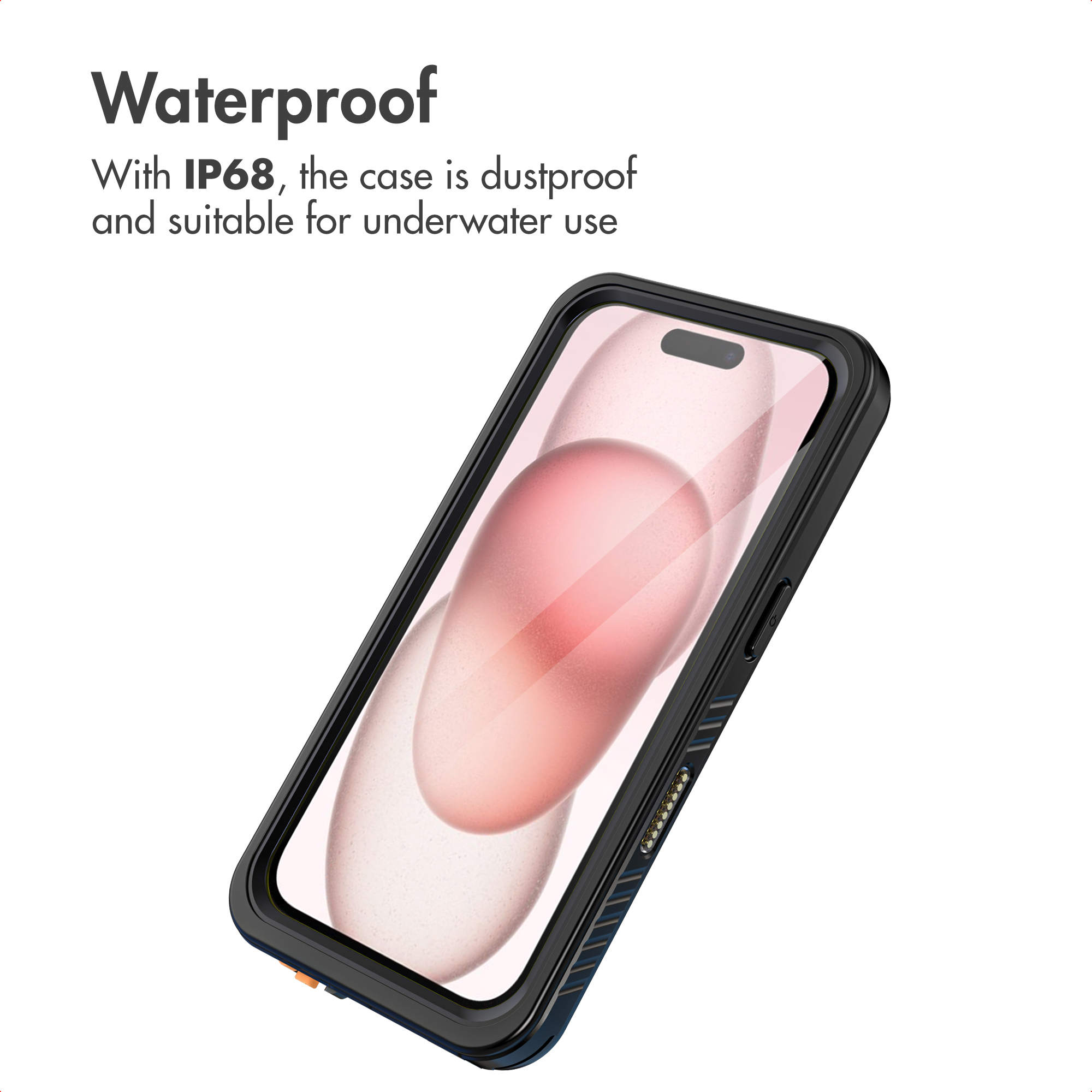 Wasserdichte Schutzhülle für Smartphones mit IP68-Zertifizierung und pinkem Hintergrund.