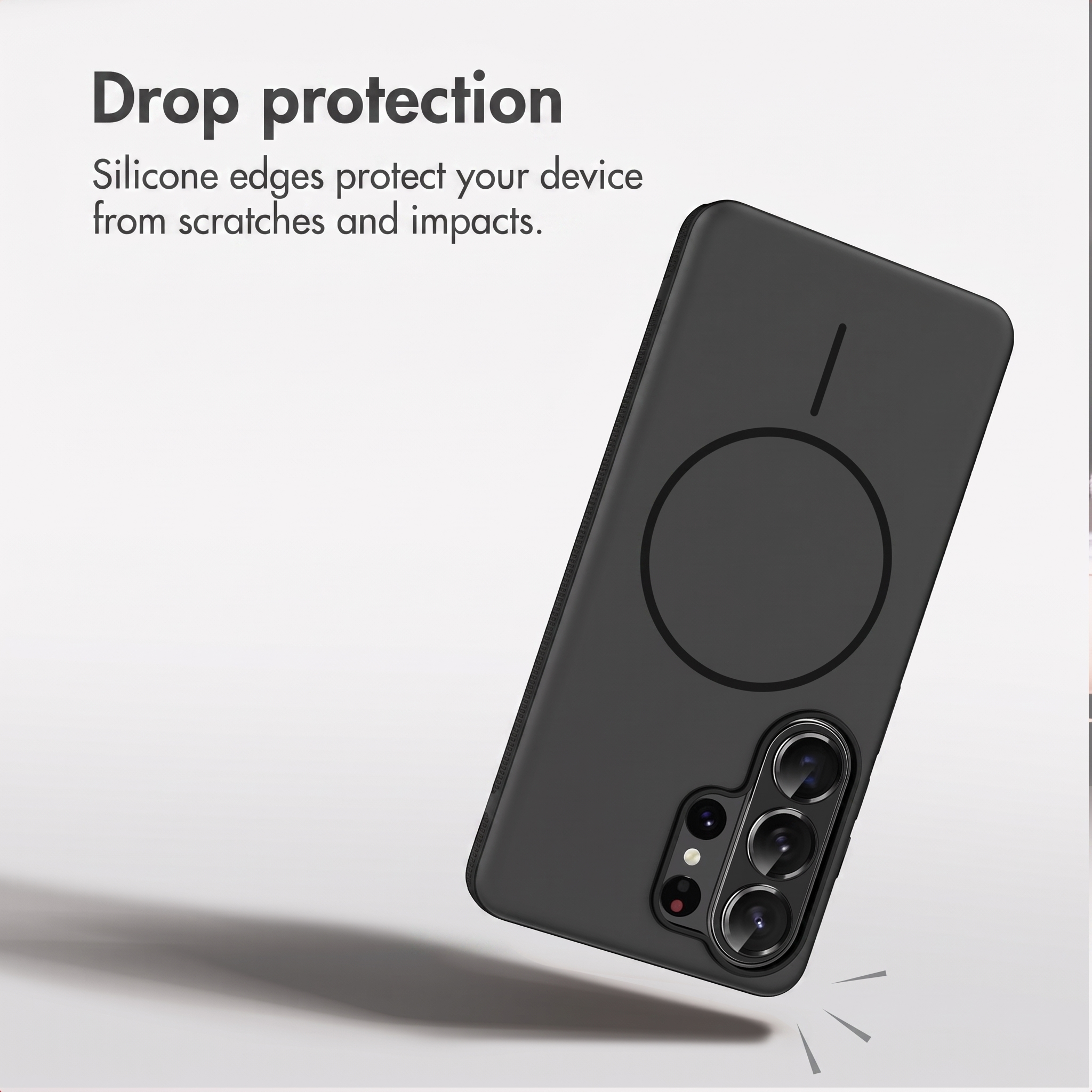 Ein schwarzes Smartphone mit Schutzhülle, runder Magnetfläche auf der Rückseite und Kamera-Modul.