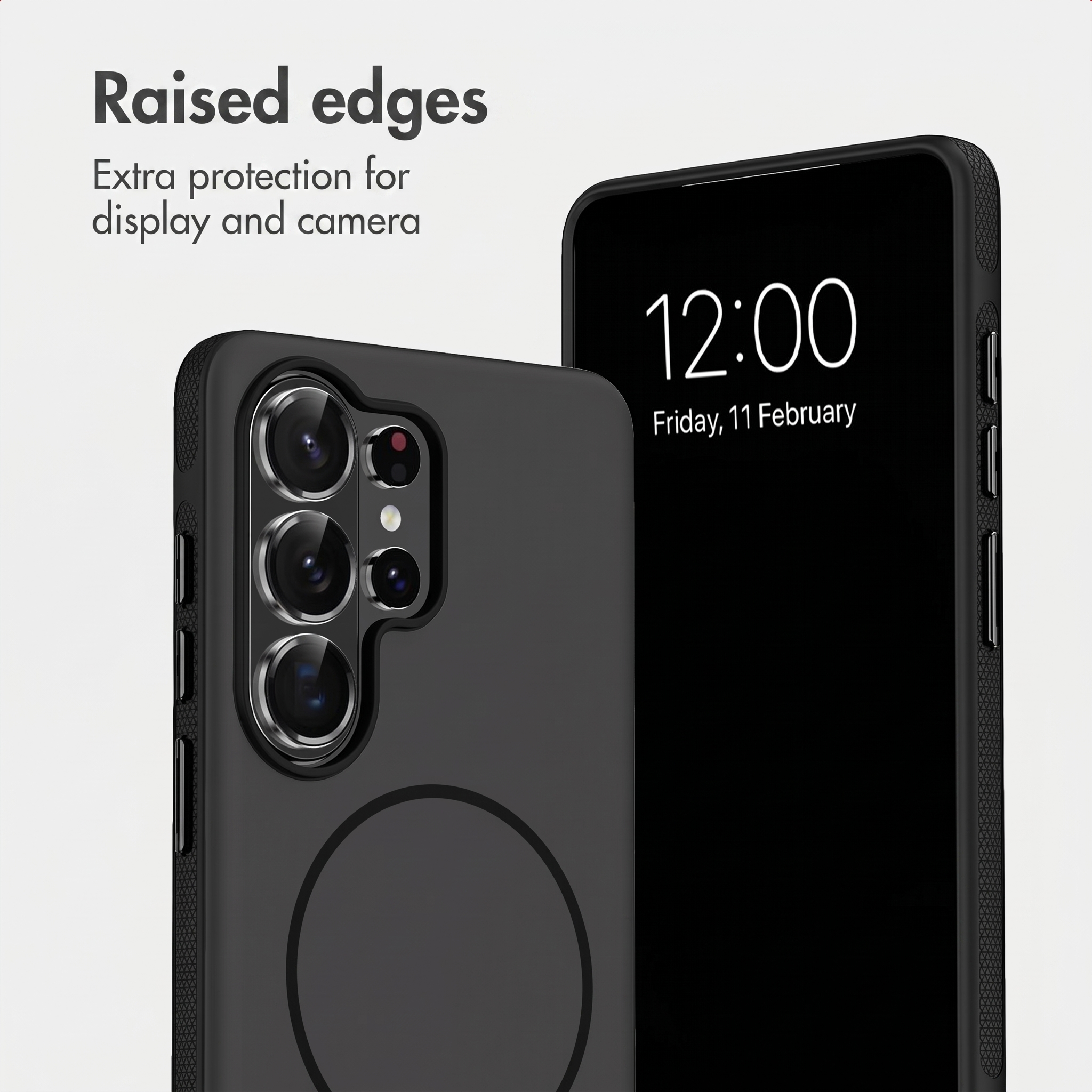 Zwei schwarze Smartphones mit Schutzhüllen. Text über erhöhte Ränder für Display und Kamera.