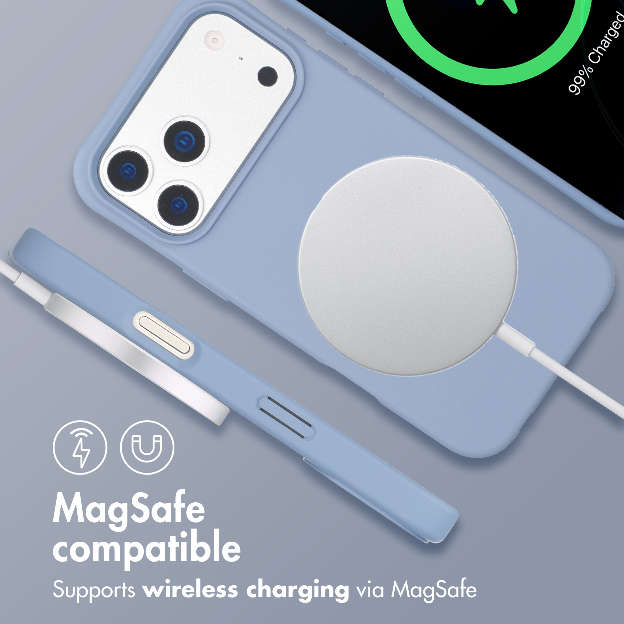 Custodia per telefono azzurro compatibile MagSafe con caricabatterie magnetico circolare, vista posteriore e laterale.