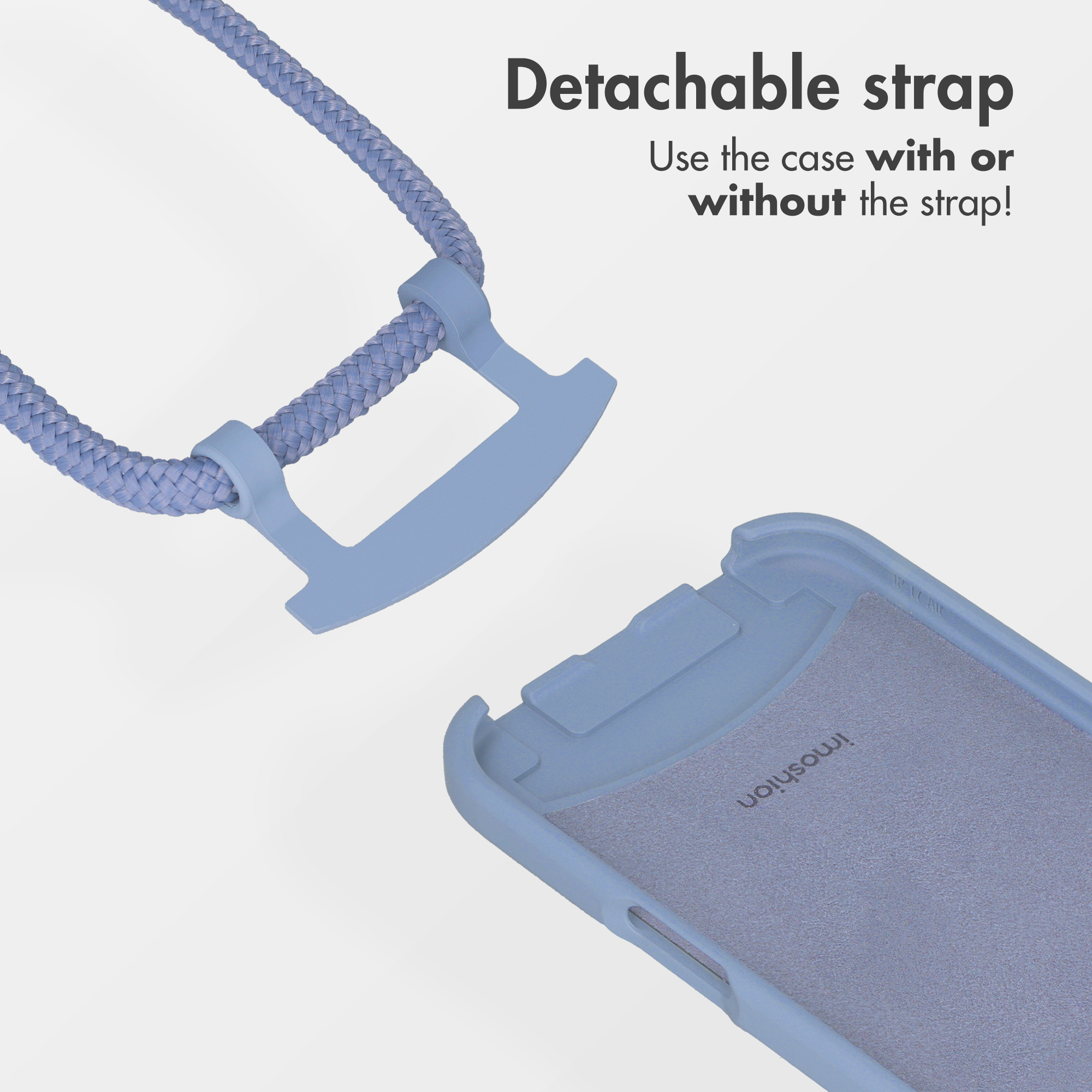 Custodia per telefono blu con tracolla staccabile e testo.