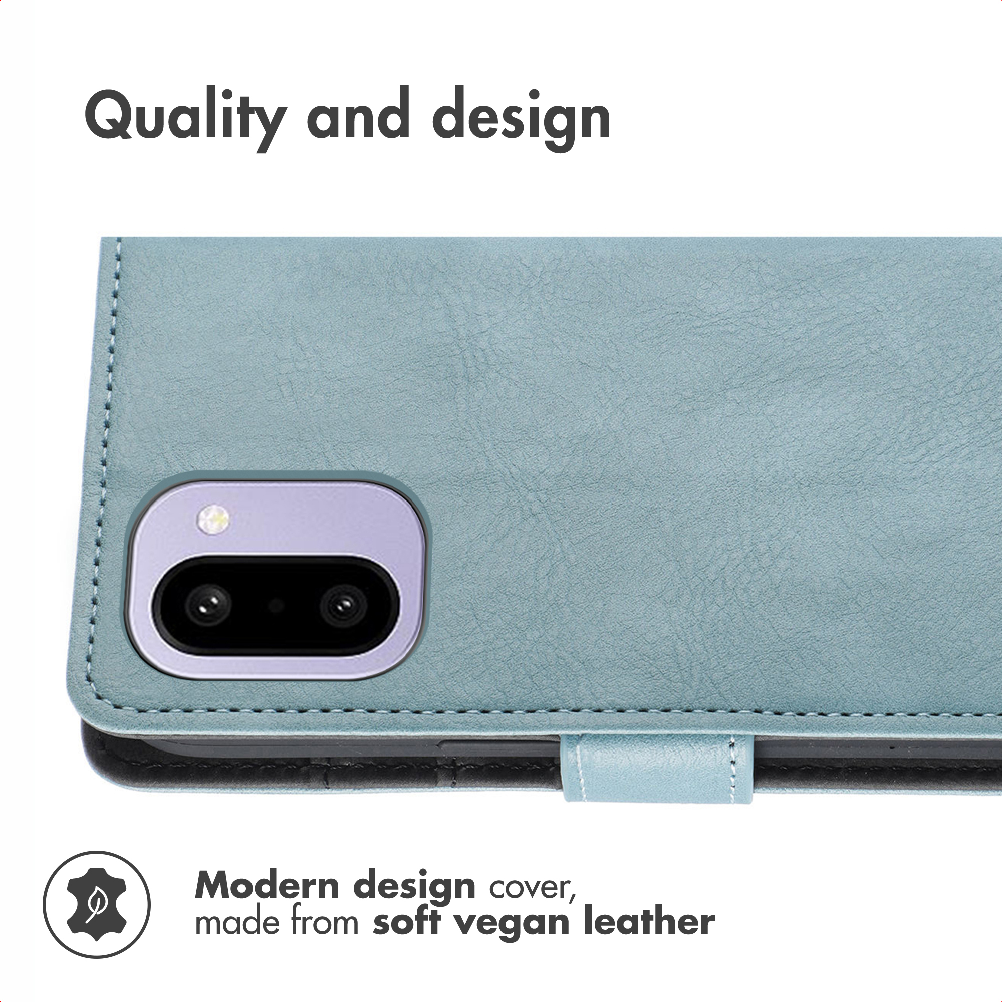 Custodia per smartphone in pelle vegana blu con ritaglio per la fotocamera.