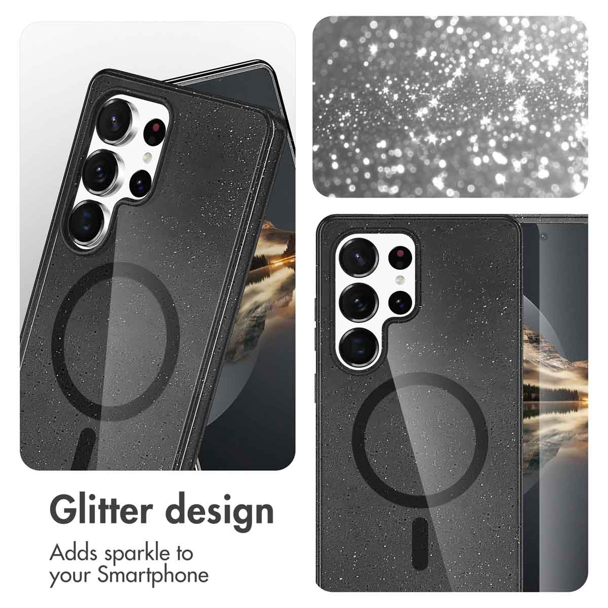 Coque de smartphone pailletée avec anneau MagSafe et découpe pour appareil photo, gros plan.