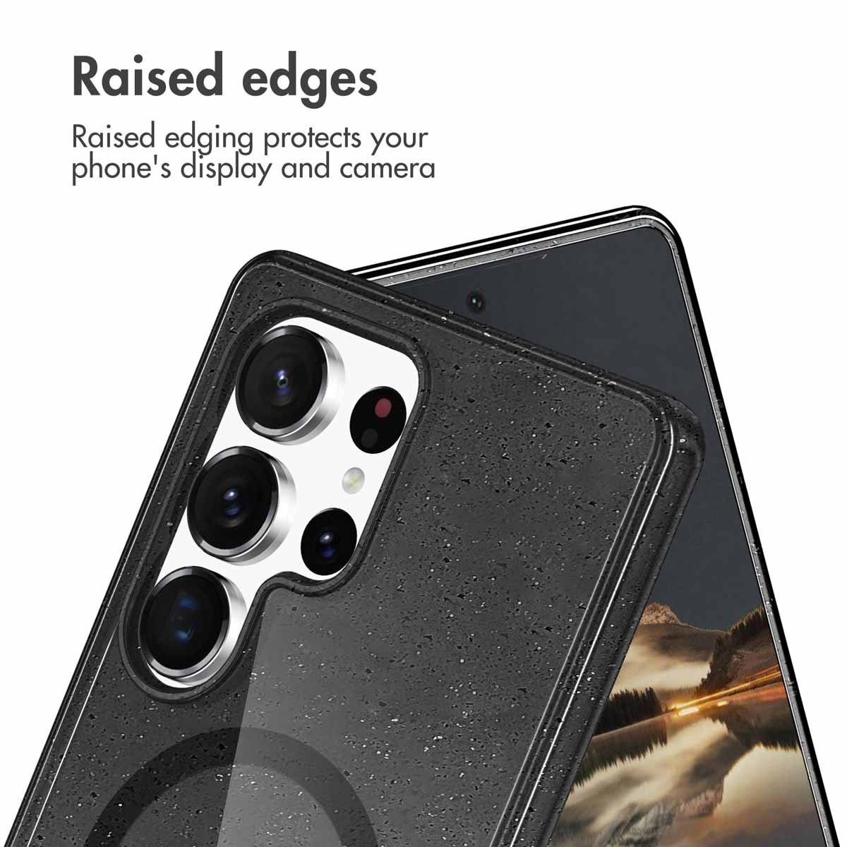 Smartphone doté d'une coque de protection noire et texturée avec des bords surélevés.