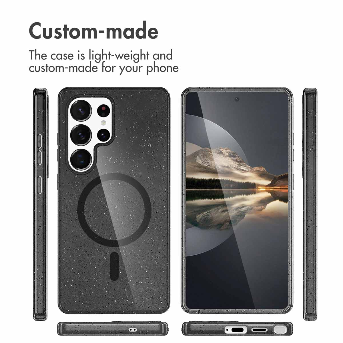Plusieurs vues d'une coque de téléphone noire avec anneau MagSafe et découpe pour appareil photo.