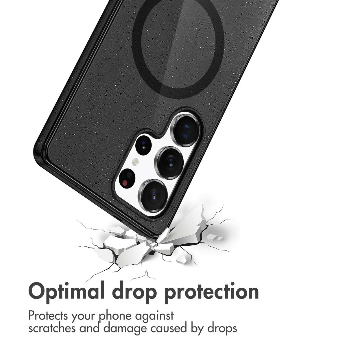 Coque noire sur fond blanc craquelé avec texte sur la protection anti-chute.