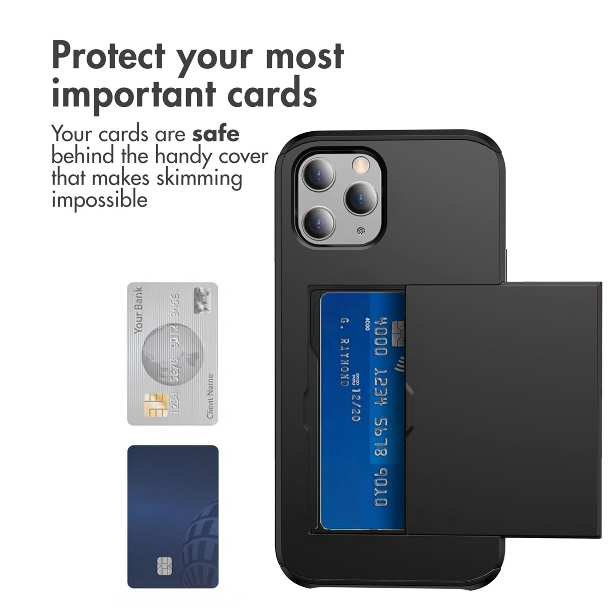 Custodia nera per smartphone con porta carte scorrevole con carta blu, testo e due carte.