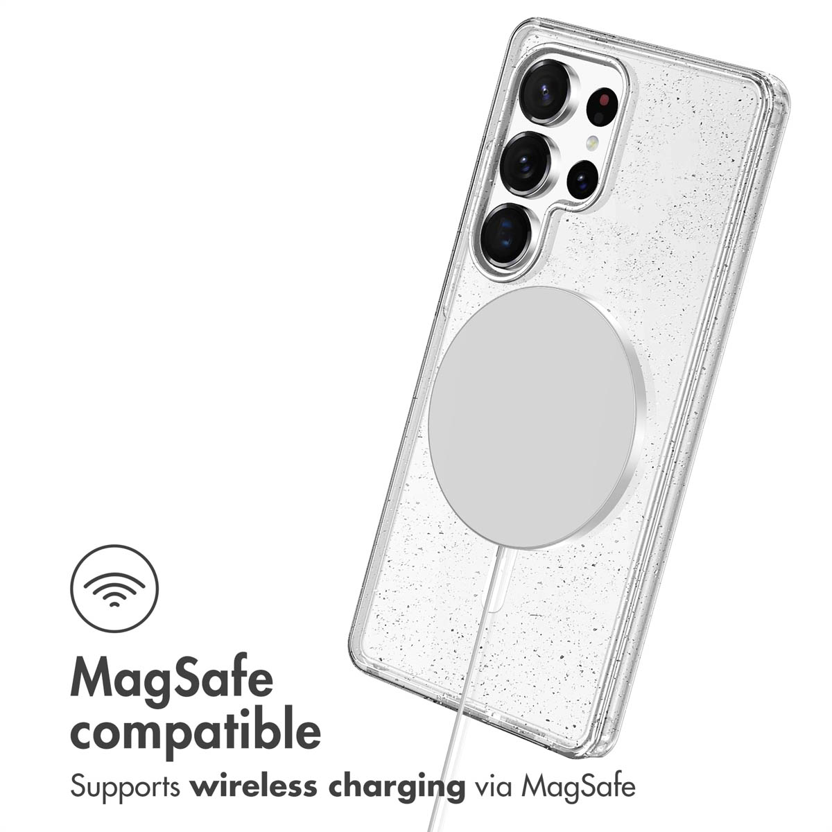 Coque de protection pailletée sur un smartphone avec compatibilité MagSafe et cercle de charge sans fil.