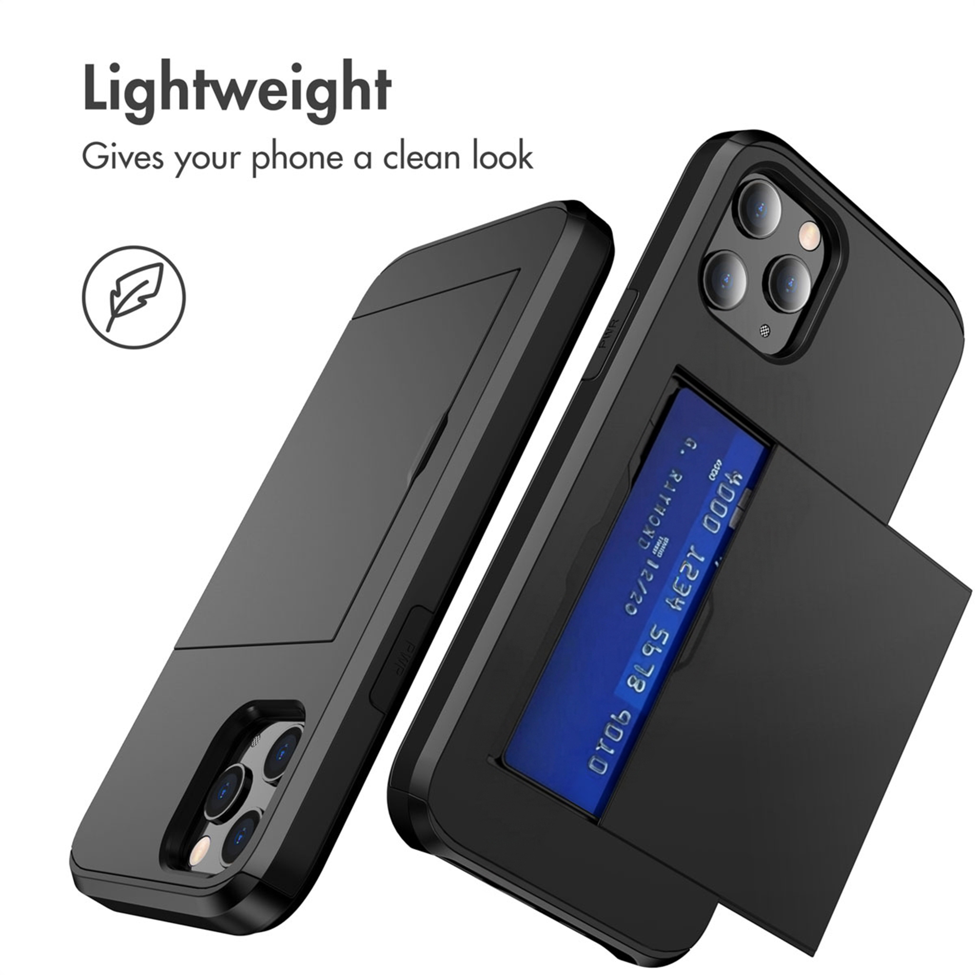 Due custodie nere per smartphone, una con porta carte e carta blu, su sfondo bianco.