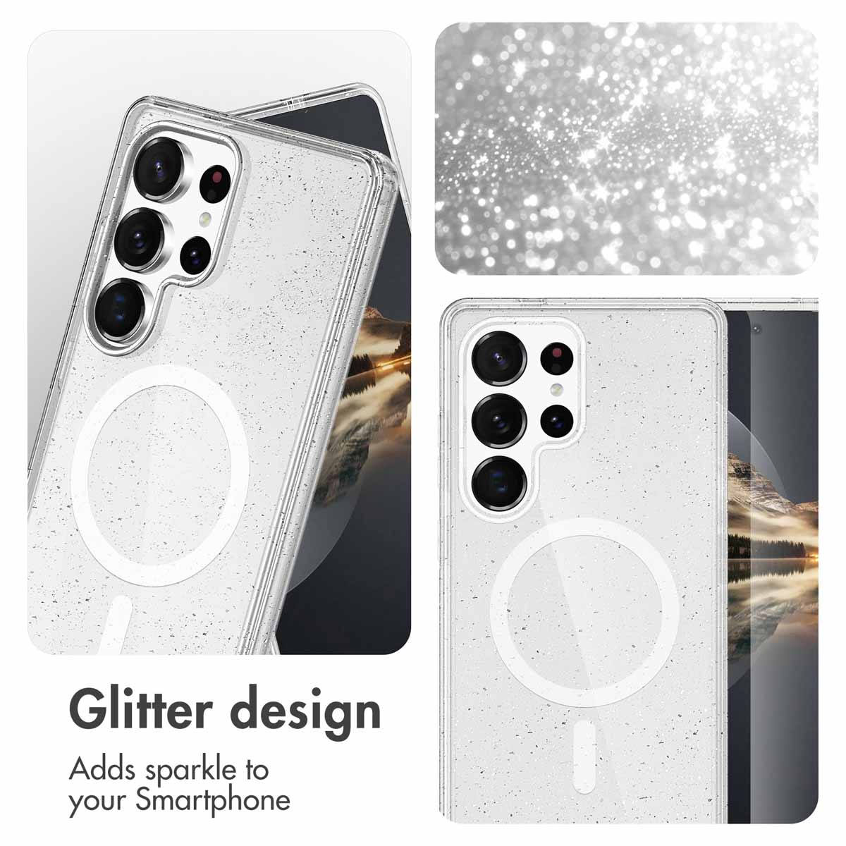 Coque de smartphone transparente avec des paillettes et un cercle de charge sans fil blanc.