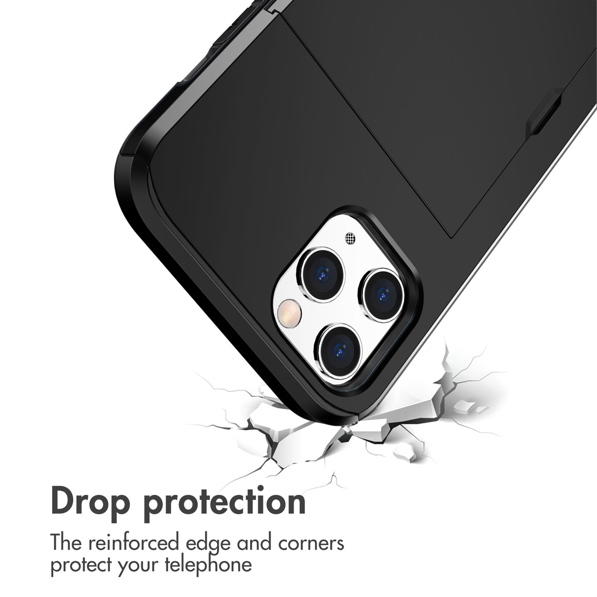 Smartphone nero con tripla fotocamera e custodia protettiva su sfondo bianco incrinato con testo Drop protection.