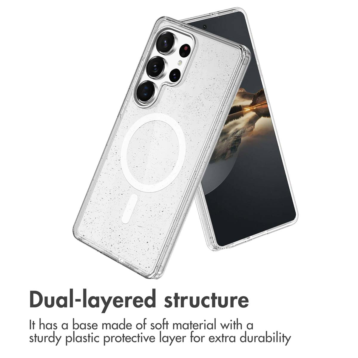 Coque de téléphone transparente avec anneau MagSafe et découpe pour appareil photo.