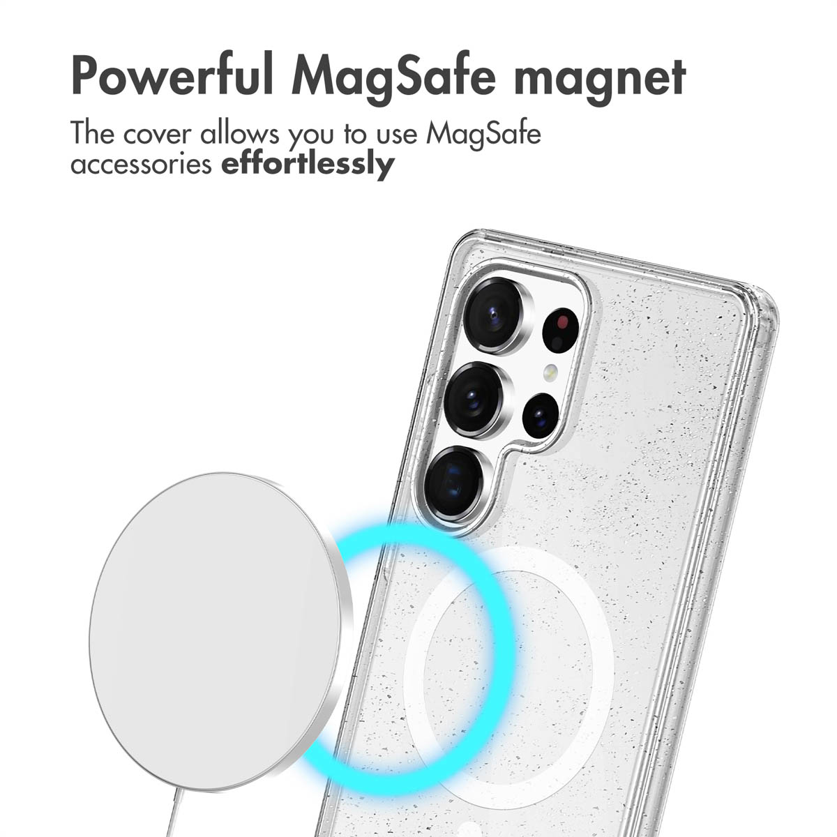 Coque de téléphone transparente avec aimant MagSafe, texte au-dessus.