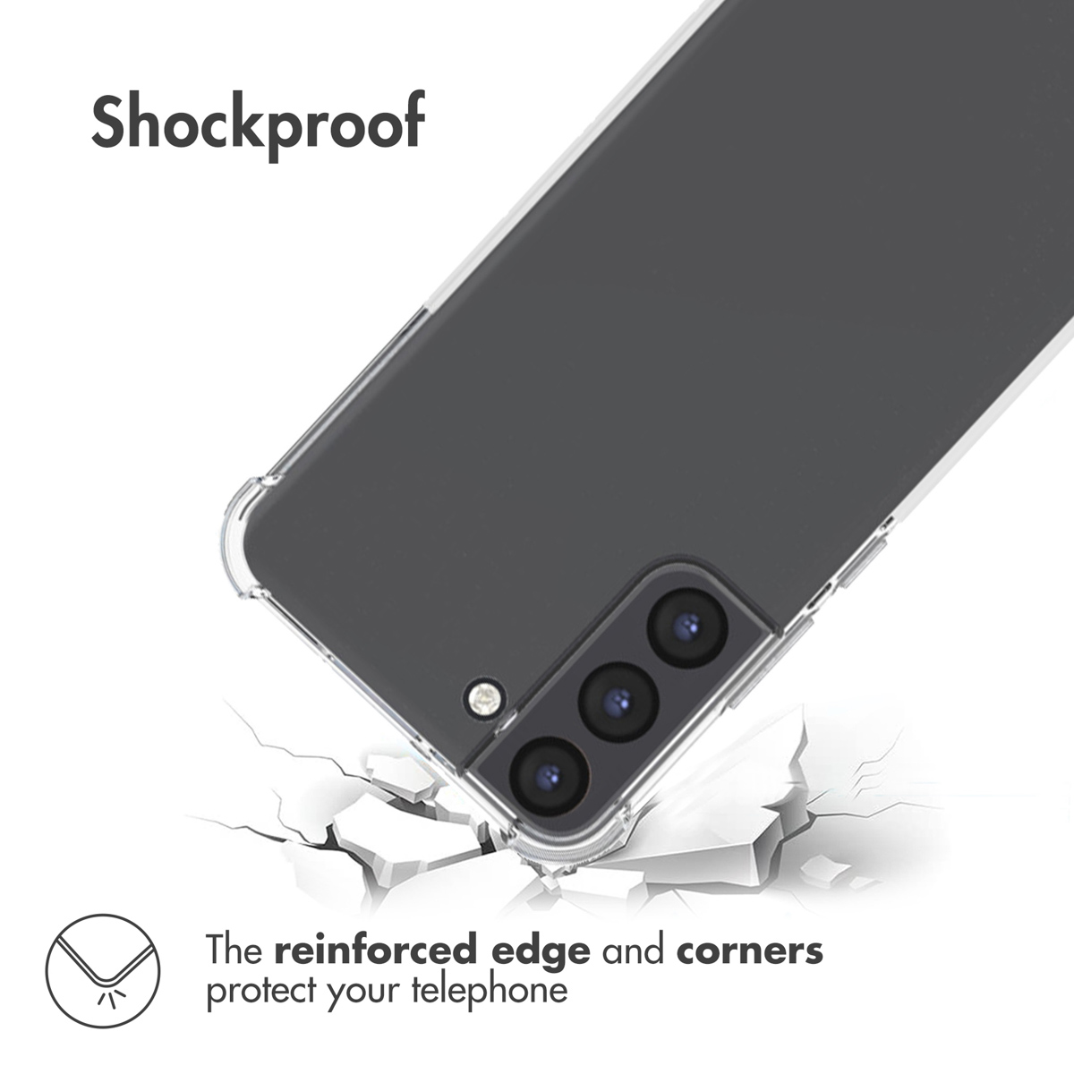 Coque de téléphone antichoc avec coins renforcés sur fond fissuré, texte sur la protection.