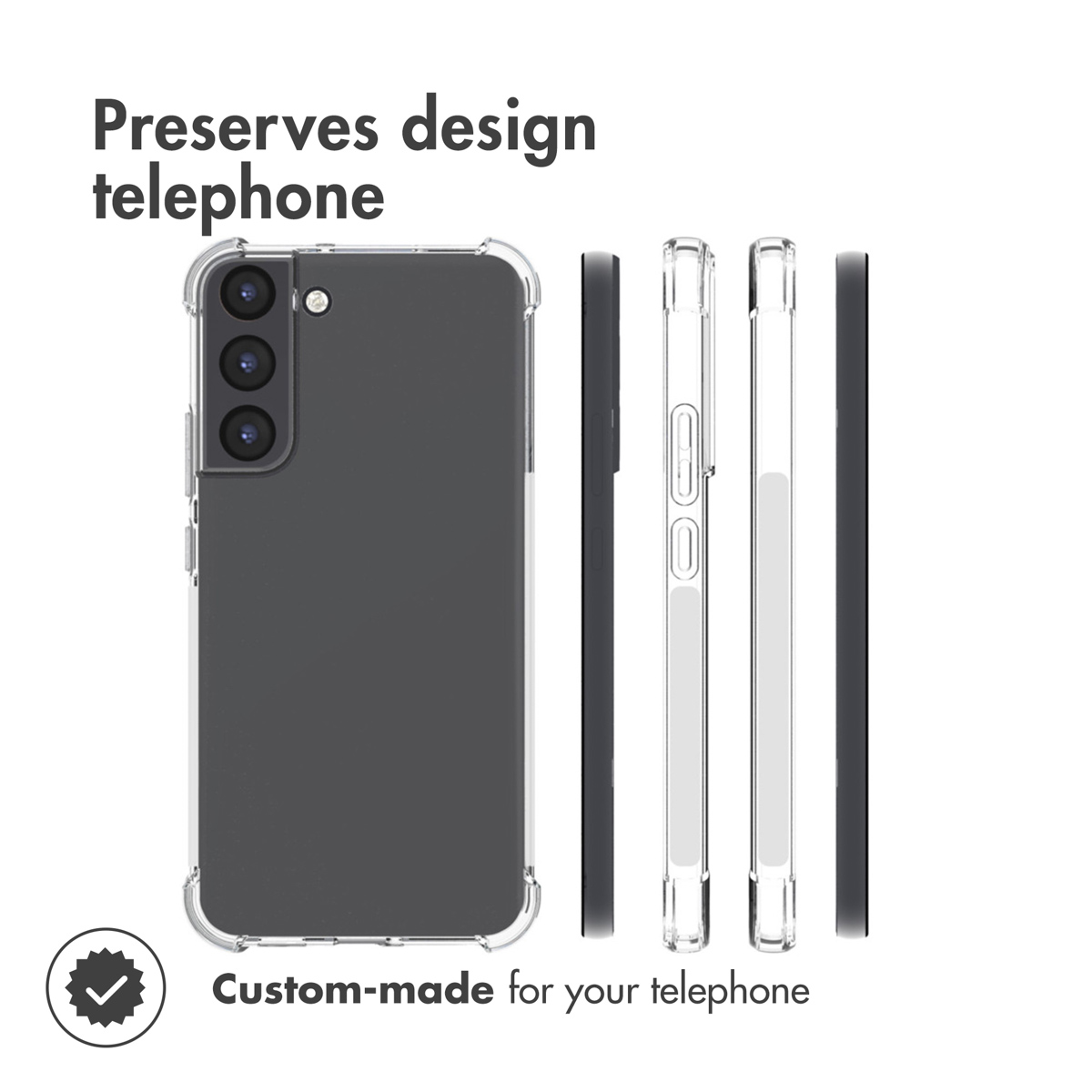 Coque de protection transparente montrant différents angles d'un smartphone à triple caméra.