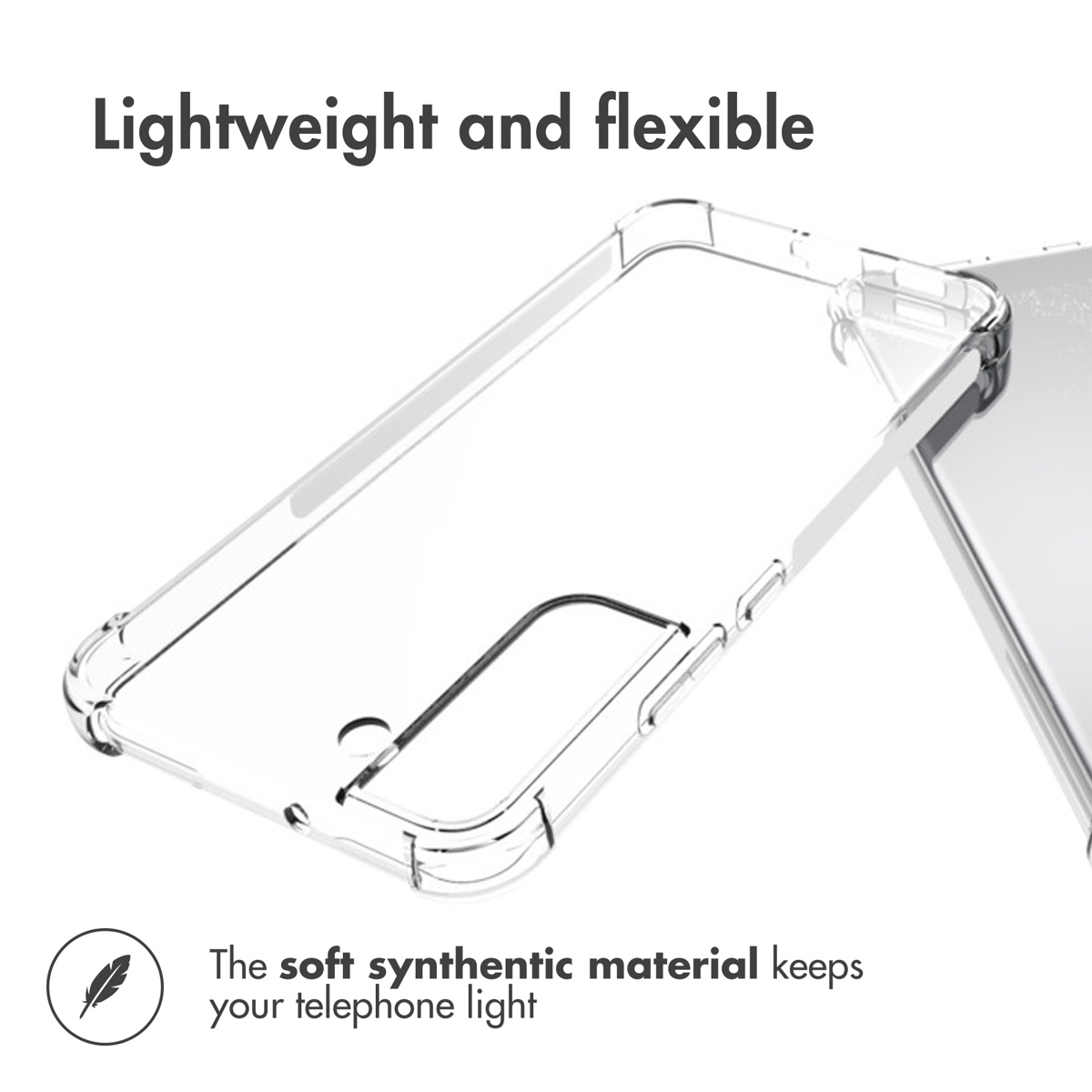 Une coque de téléphone transparente et flexible sur fond blanc avec du texte.