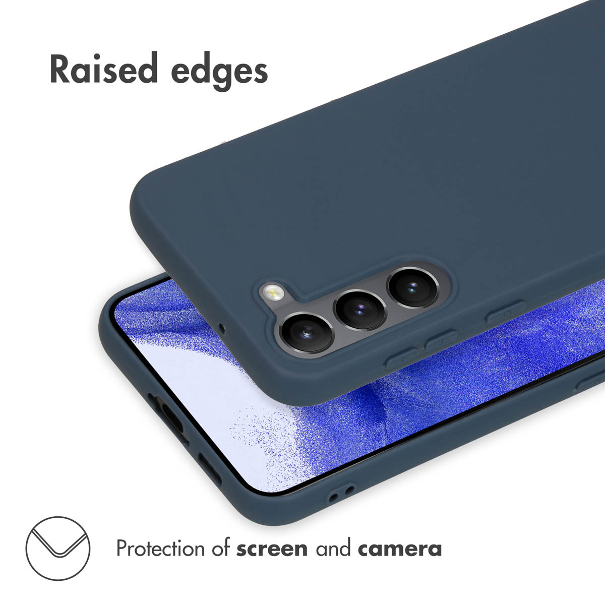 Coque de téléphone bleu foncé avec des bords surélevés protégeant l'appareil photo et l'écran.