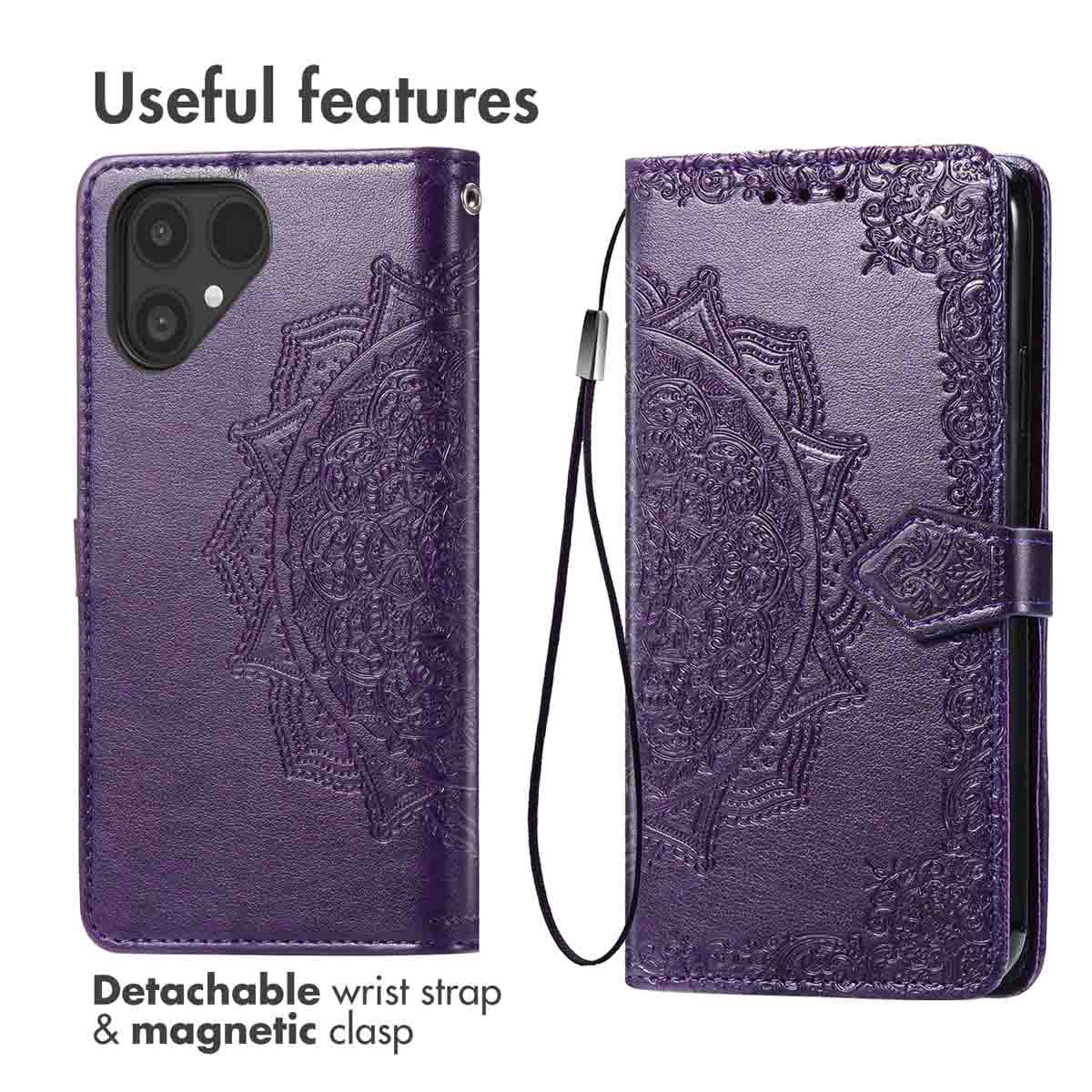 Custodia per telefono viola con mandala, laccetto e chiusura magnetica.