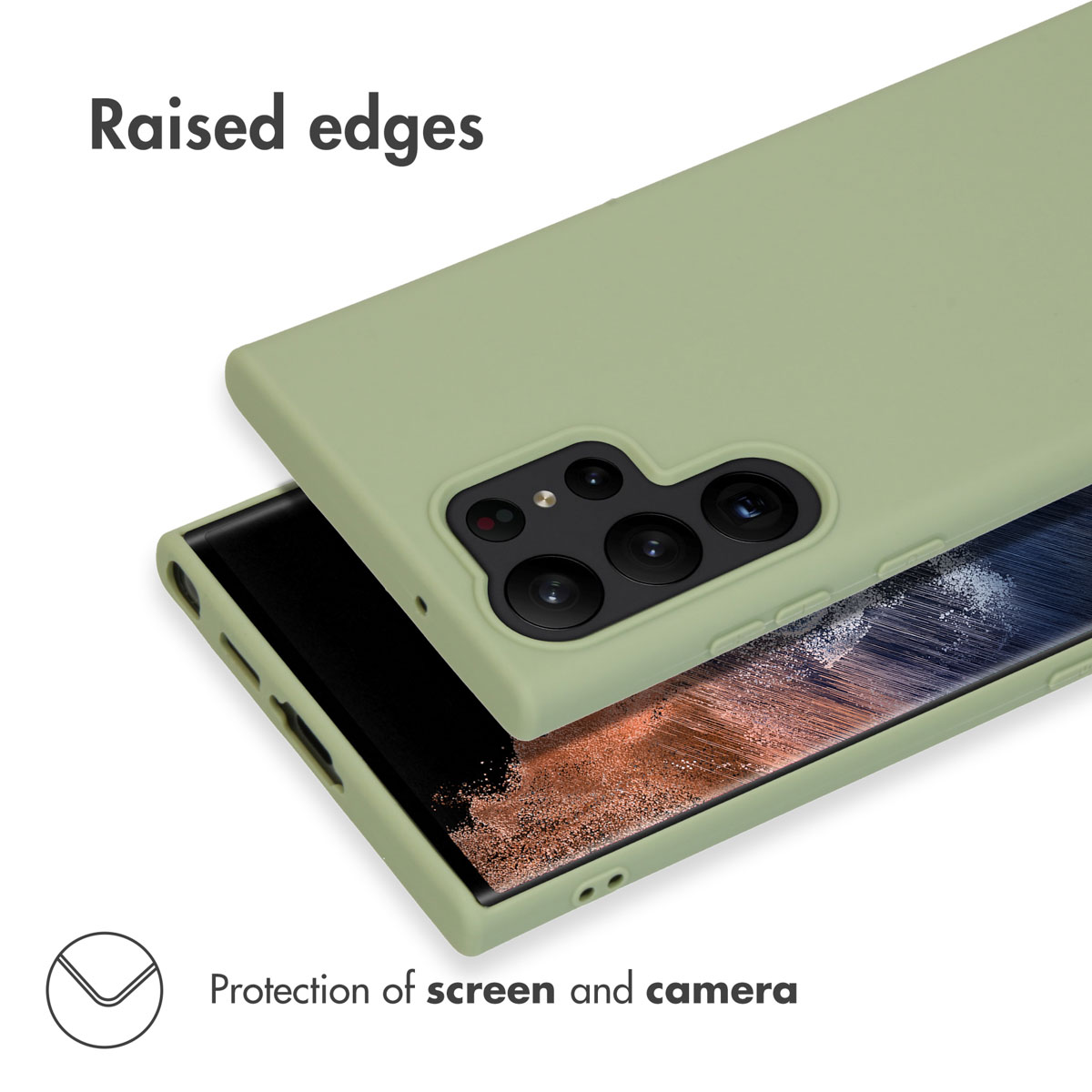 Étui de protection vert sur un smartphone avec des bords surélevés pour protéger l'écran et l'appareil photo.