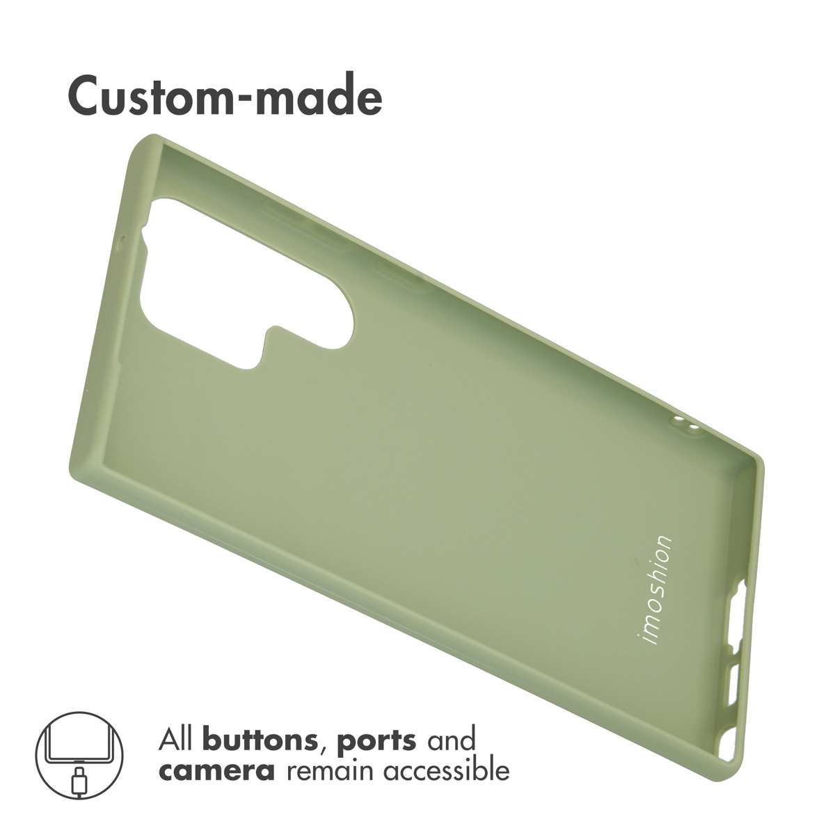 Une coque de smartphone vert mat avec des découpes précises sur fond blanc.