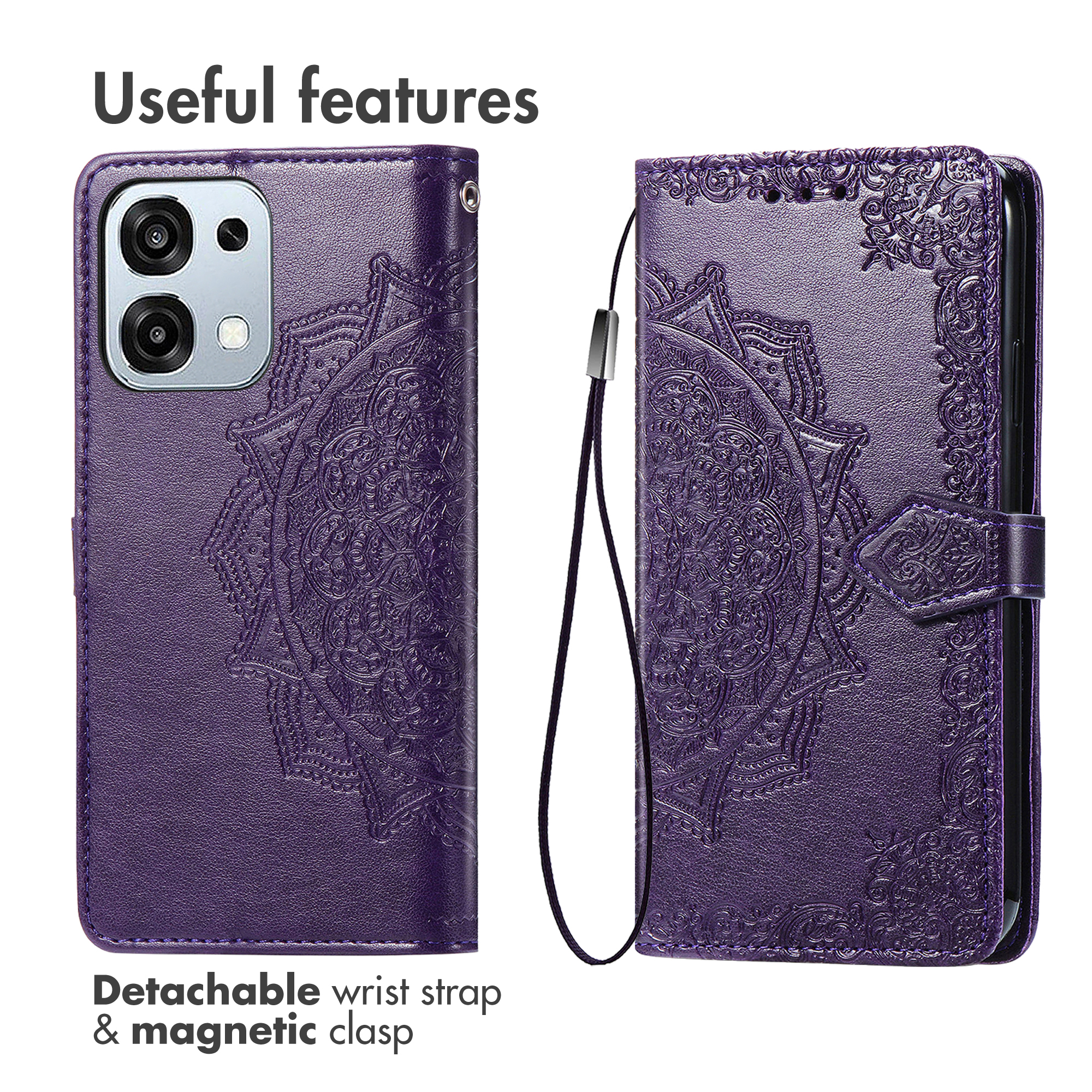 Custodia per telefono viola con rilievo mandala, laccetto da polso staccabile e chiusura magnetica.