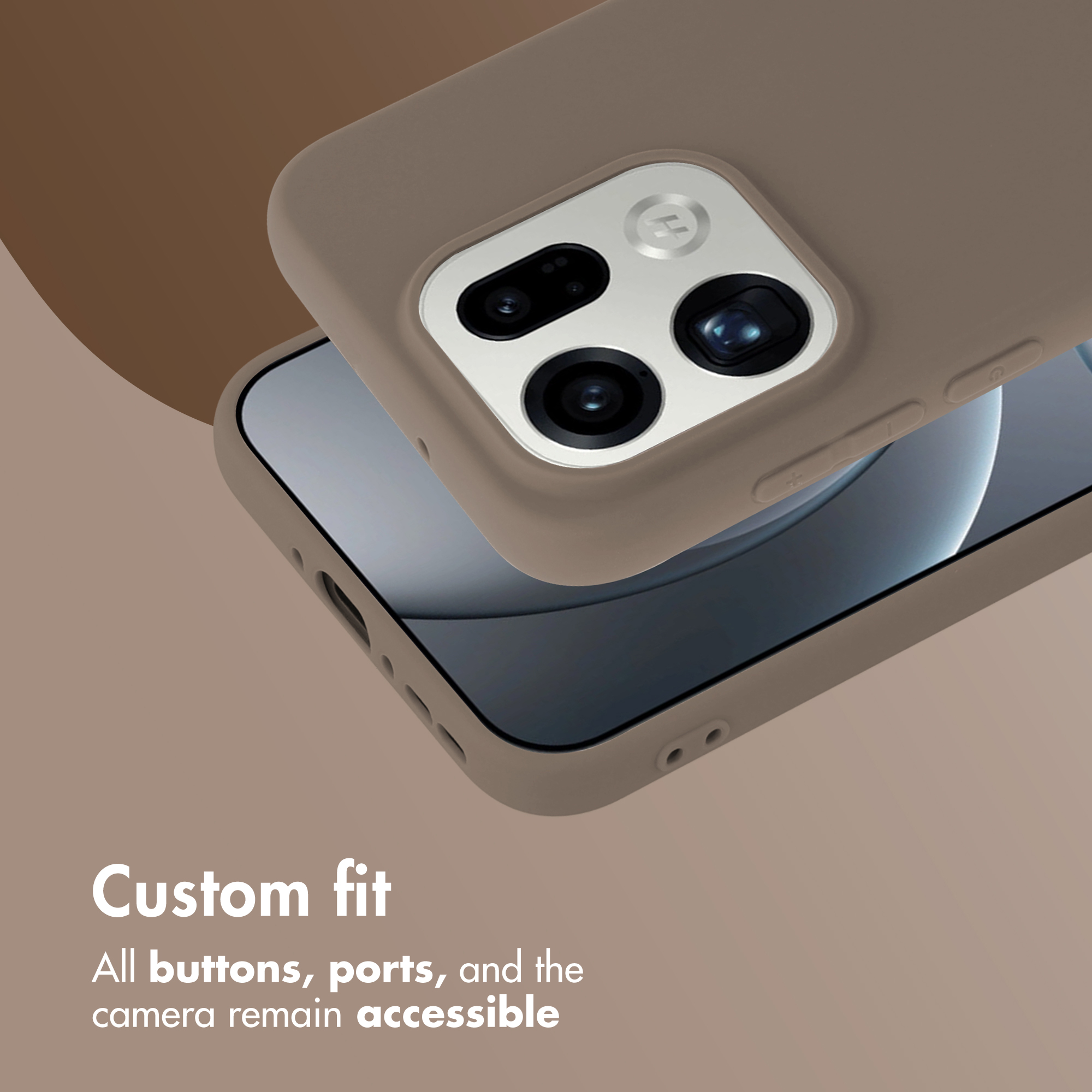 Funda de móvil marrón en un smartphone, mostrando el módulo de cámara y botones.