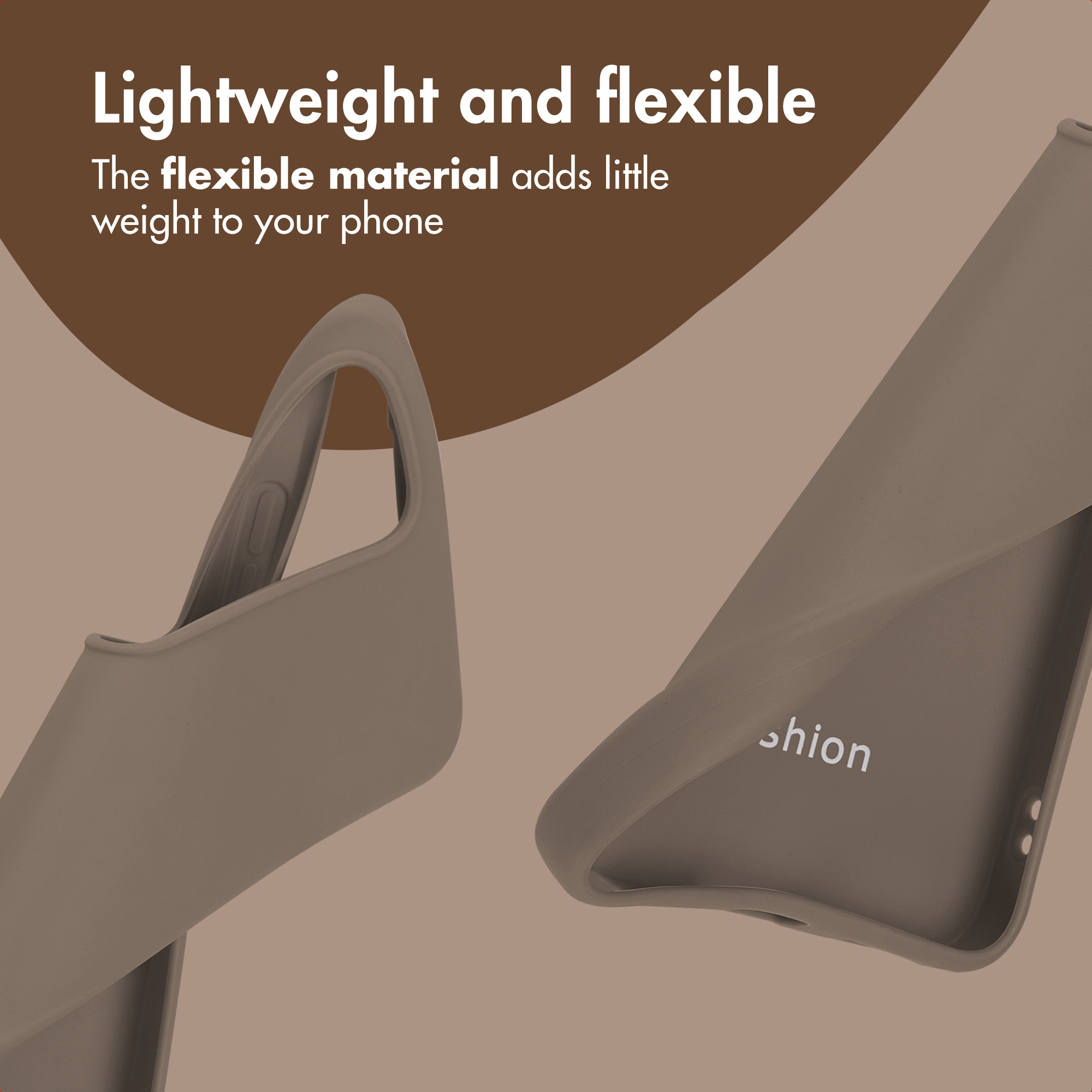 Dos fundas de teléfono flexibles marrones sobre fondo marrón y beige con texto.