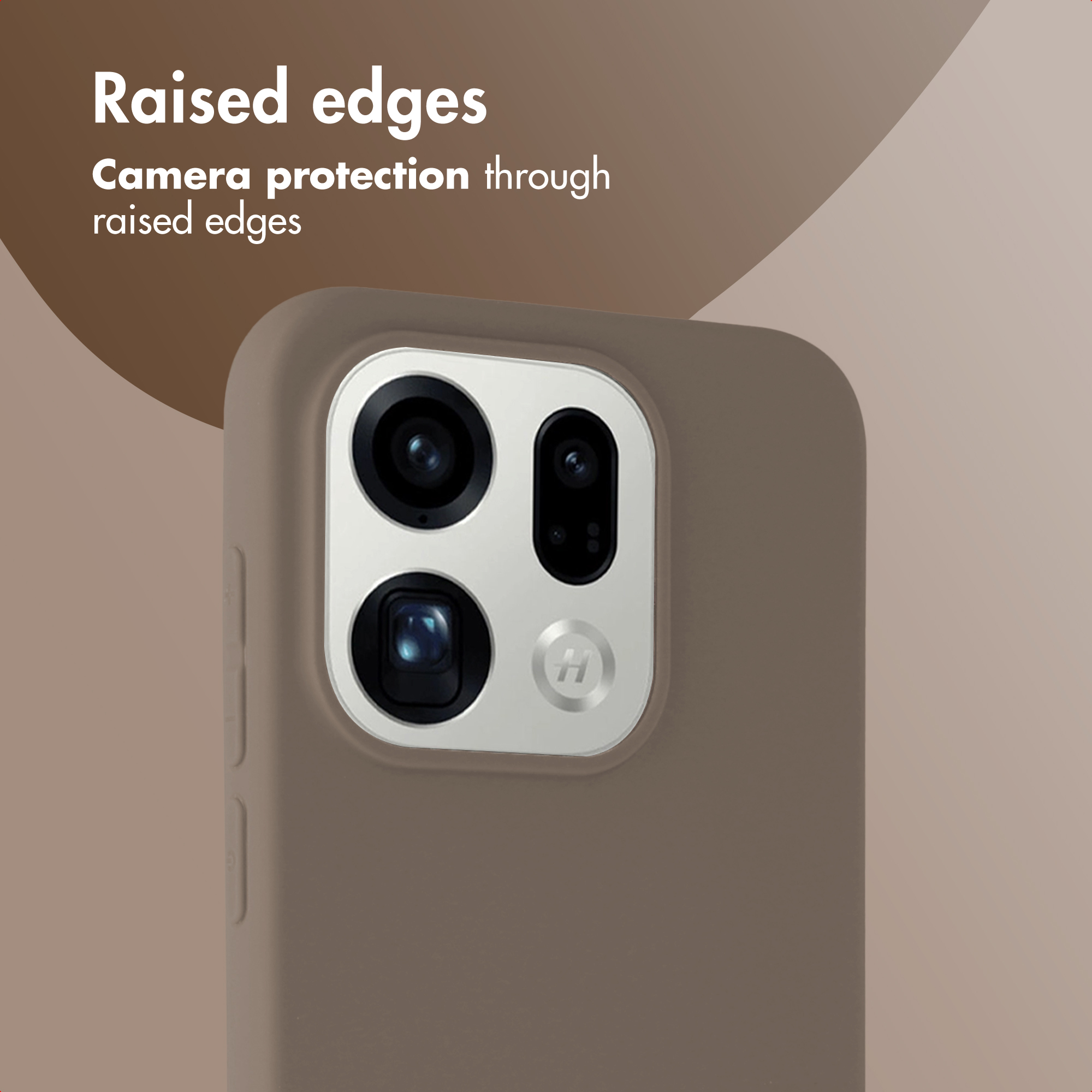 Bordes elevados de una funda de teléfono marrón que protegen la cámara.