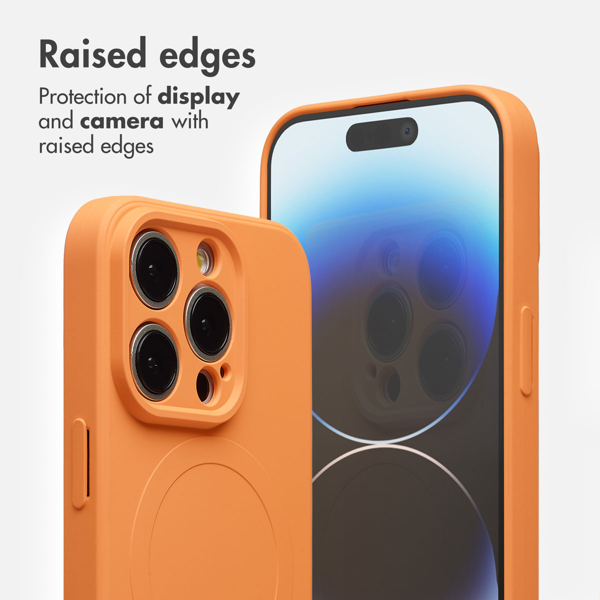 Uno smartphone in una custodia arancione mostra bordi rialzati per proteggere display e fotocamera.