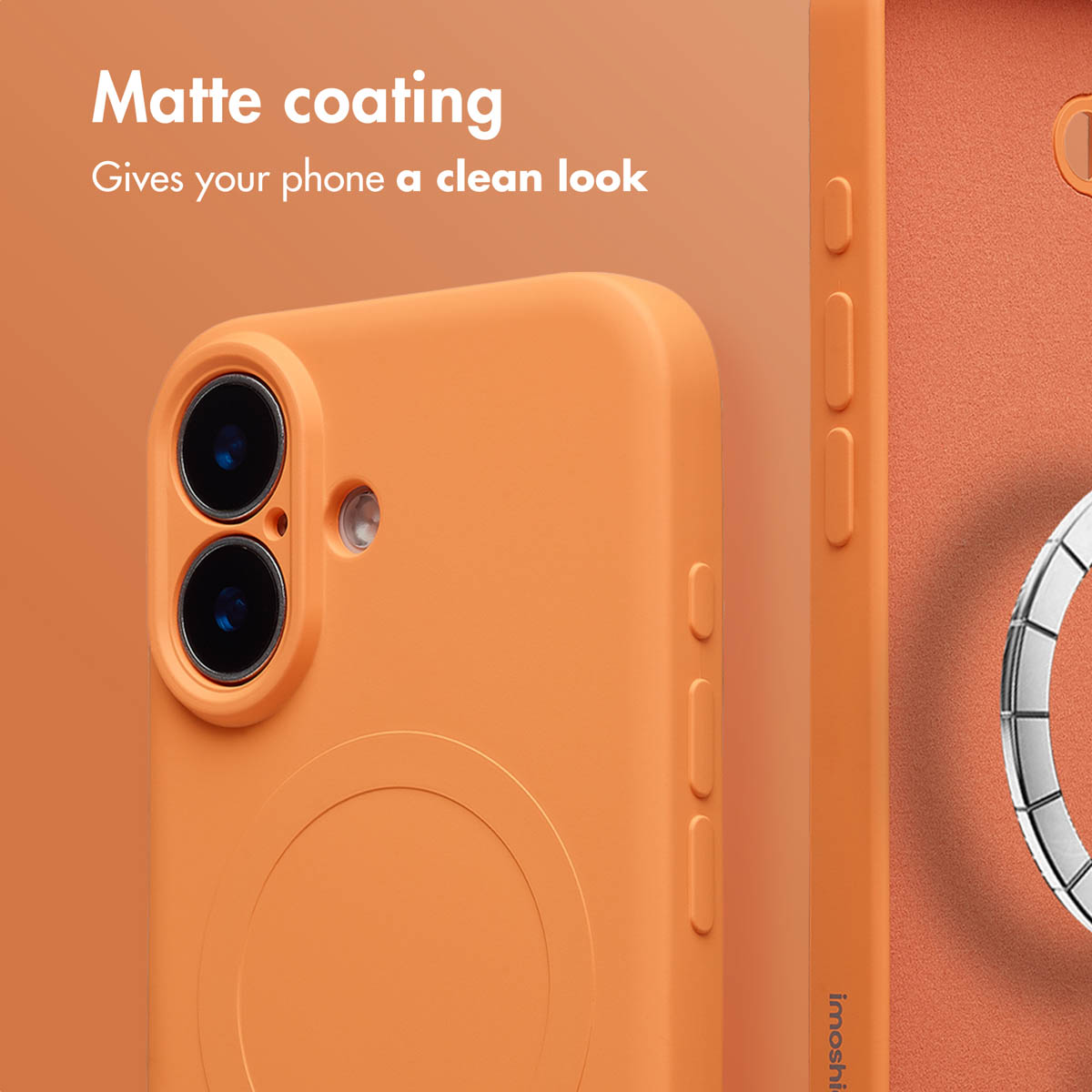 Una funda de smartphone naranja con revestimiento mate y dos aberturas para la cámara sobre fondo naranja.