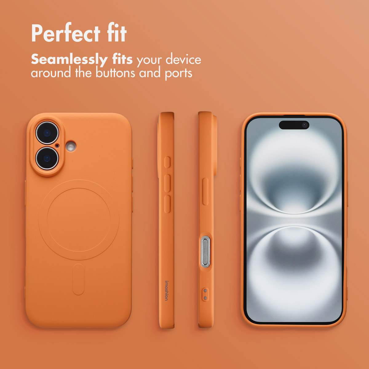 Cuatro vistas de una funda de smartphone naranja sobre fondo naranja con texto.