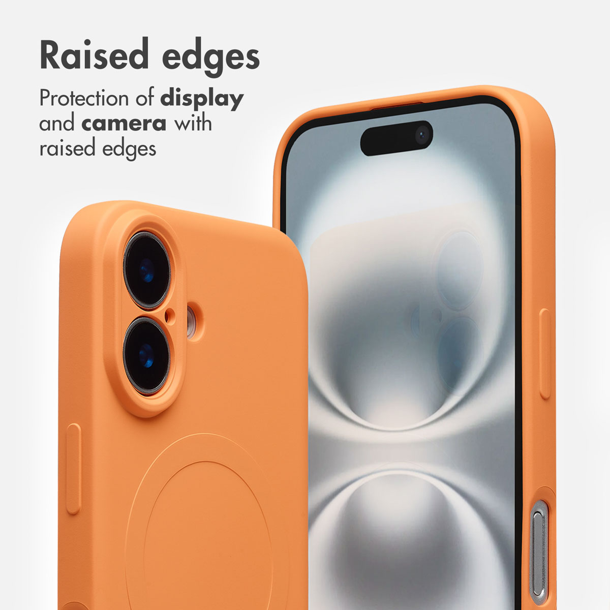 Dos fundas naranjas para teléfonos con bordes elevados para proteger la pantalla y la cámara.
