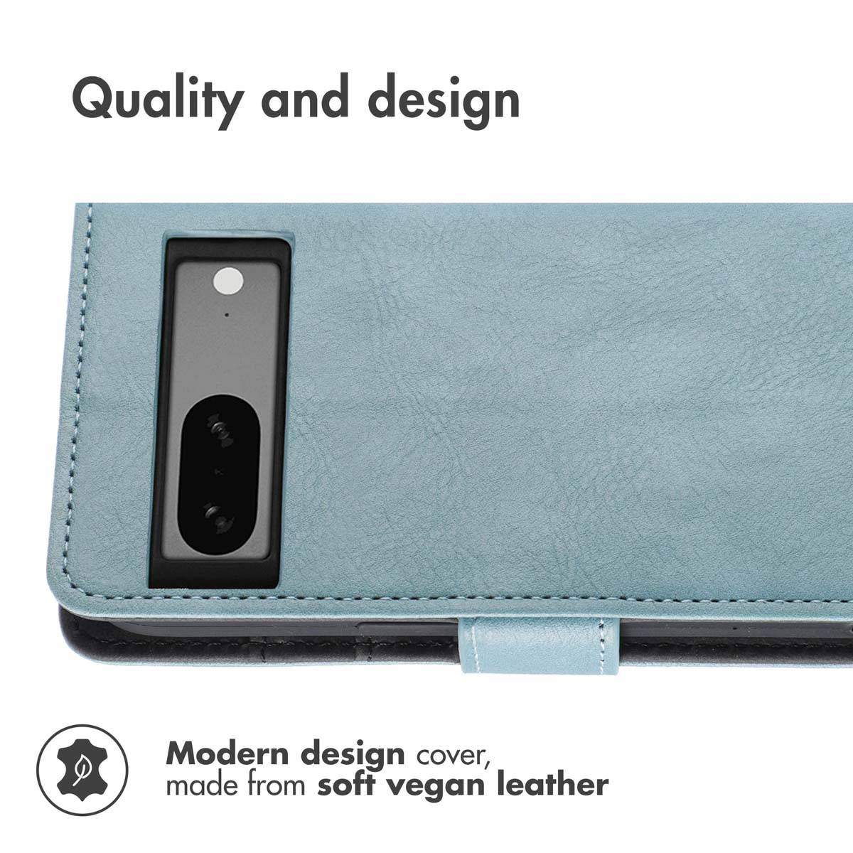 Custodia per telefono in pelle vegana blu con ritaglio per fotocamera e testo.