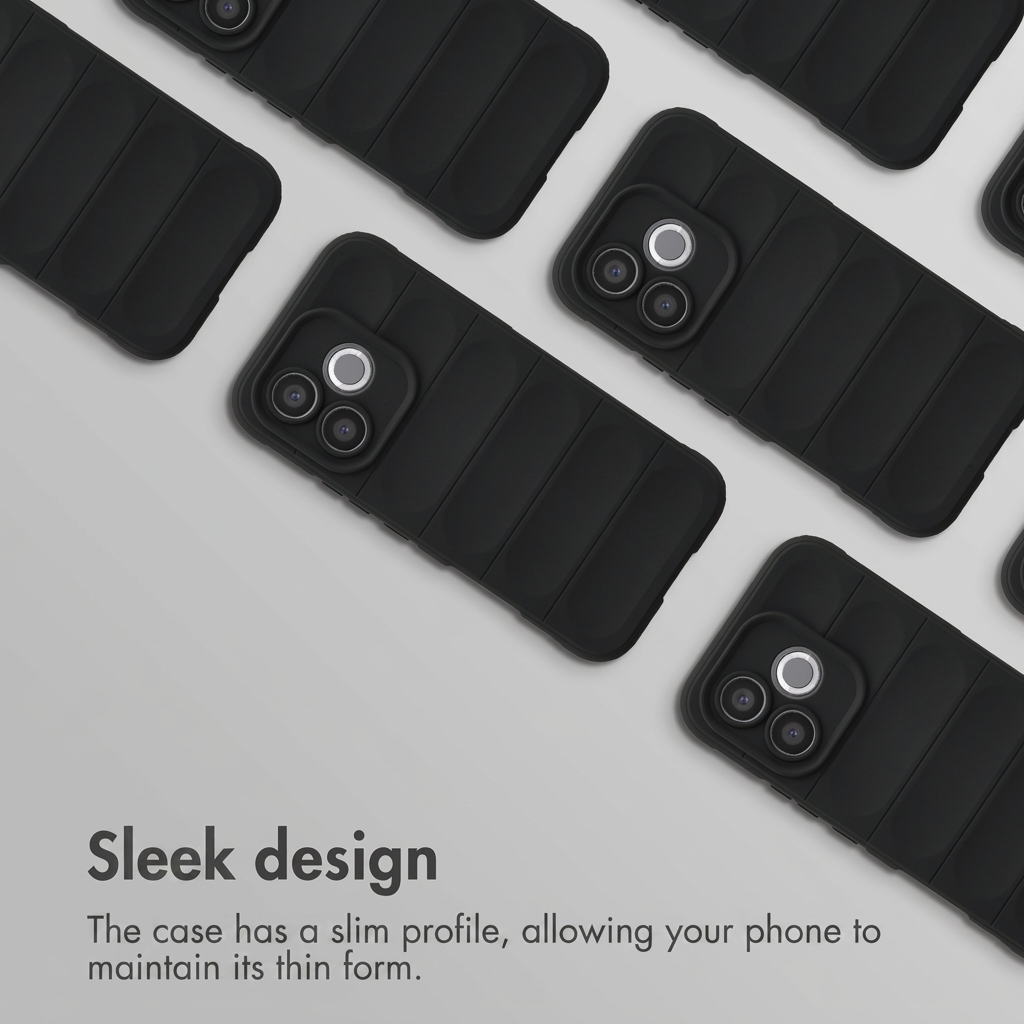 Meerdere zwarte telefoonhoesjes met een slank, gewatteerd ontwerp op een grijze achtergrond, met cameramodules.