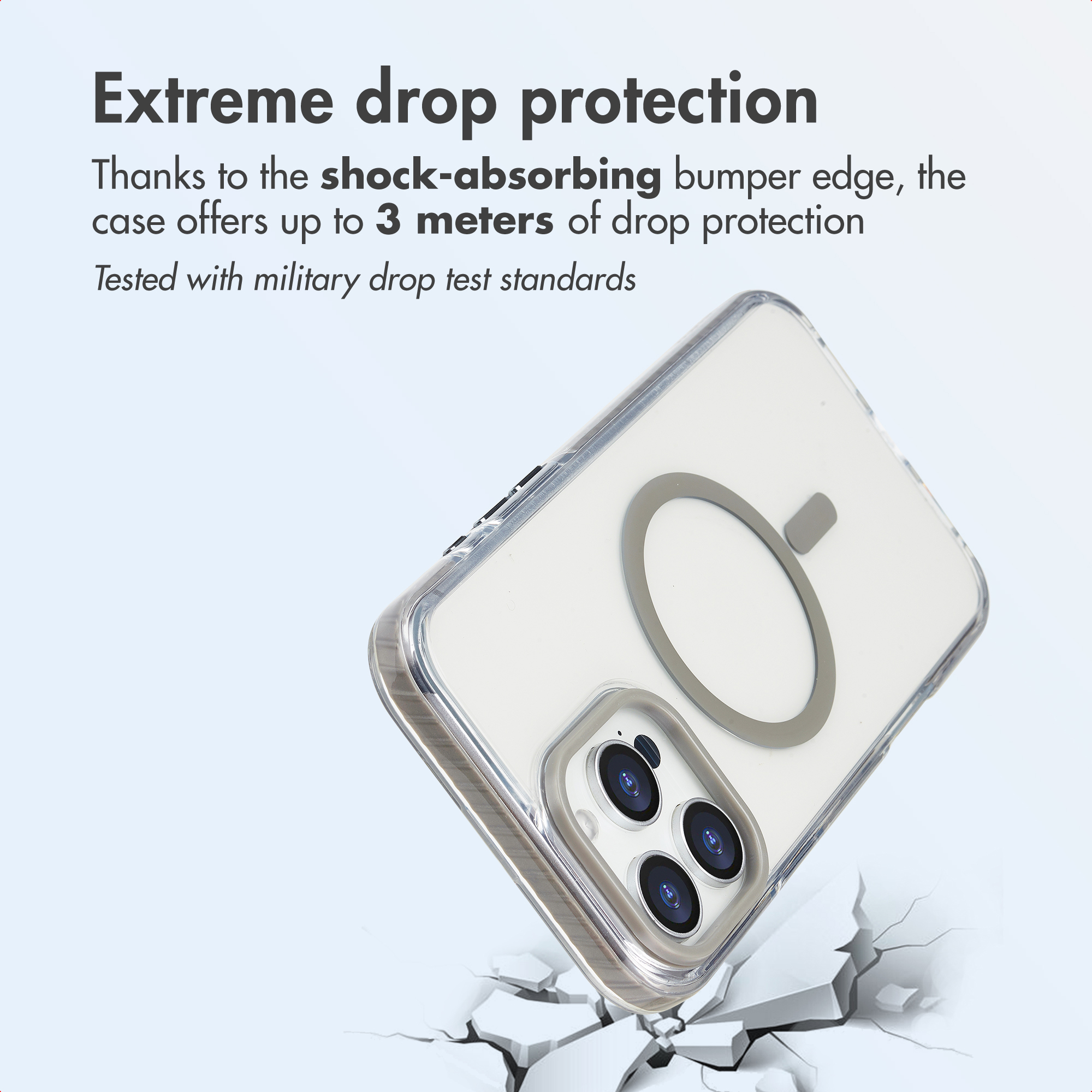 Custodia trasparente con anello MagSafe e tripla fotocamera, protezione da cadute fino a 3 metri.