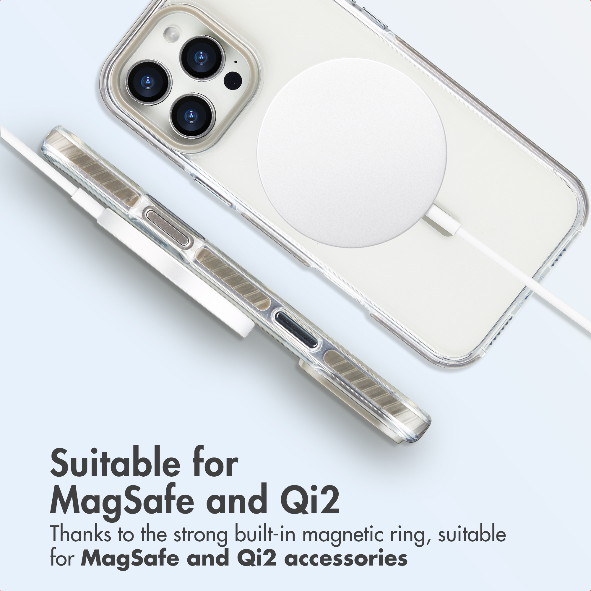 Smartphone in custodia trasparente con caricatore MagSafe e testo per MagSafe e Qi2.