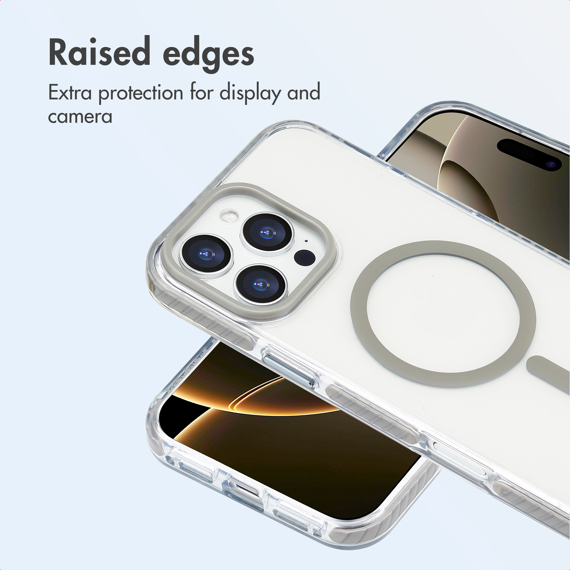 Custodia trasparente per smartphone con anello MagSafe, bordi rialzati per protezione.