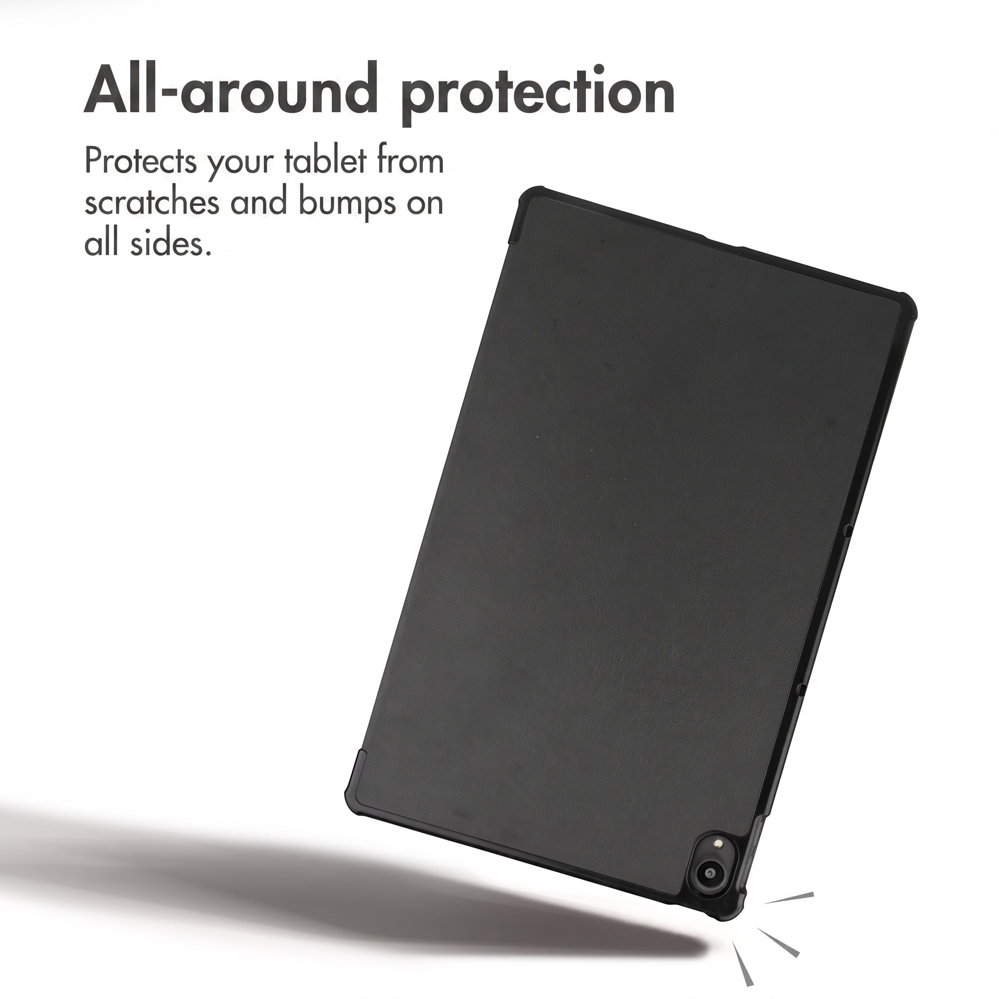A black tablet case on a white background with text about all-around protection.