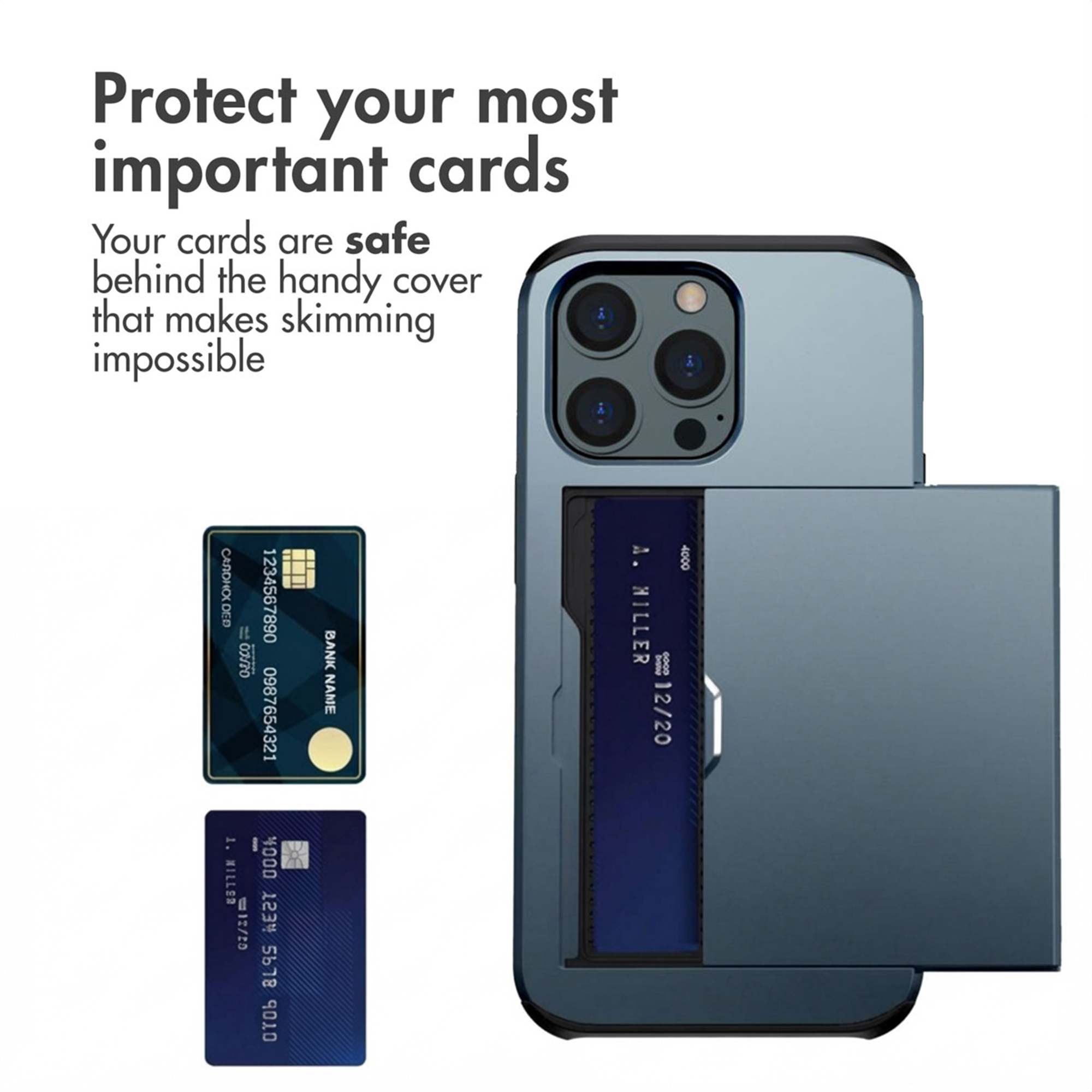 Une coque de téléphone bleue avec porte-cartes intégré et deux cartes de crédit à côté.