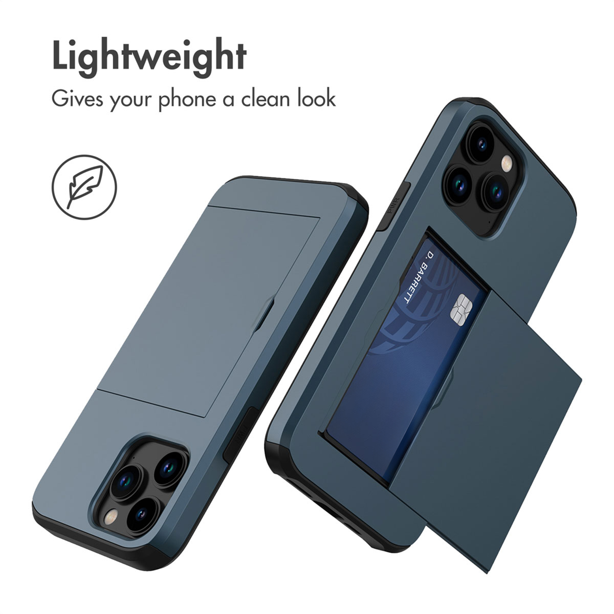 Deux coques de téléphone bleues avec porte-cartes, une fermée et une ouverte avec une carte, sur fond blanc.