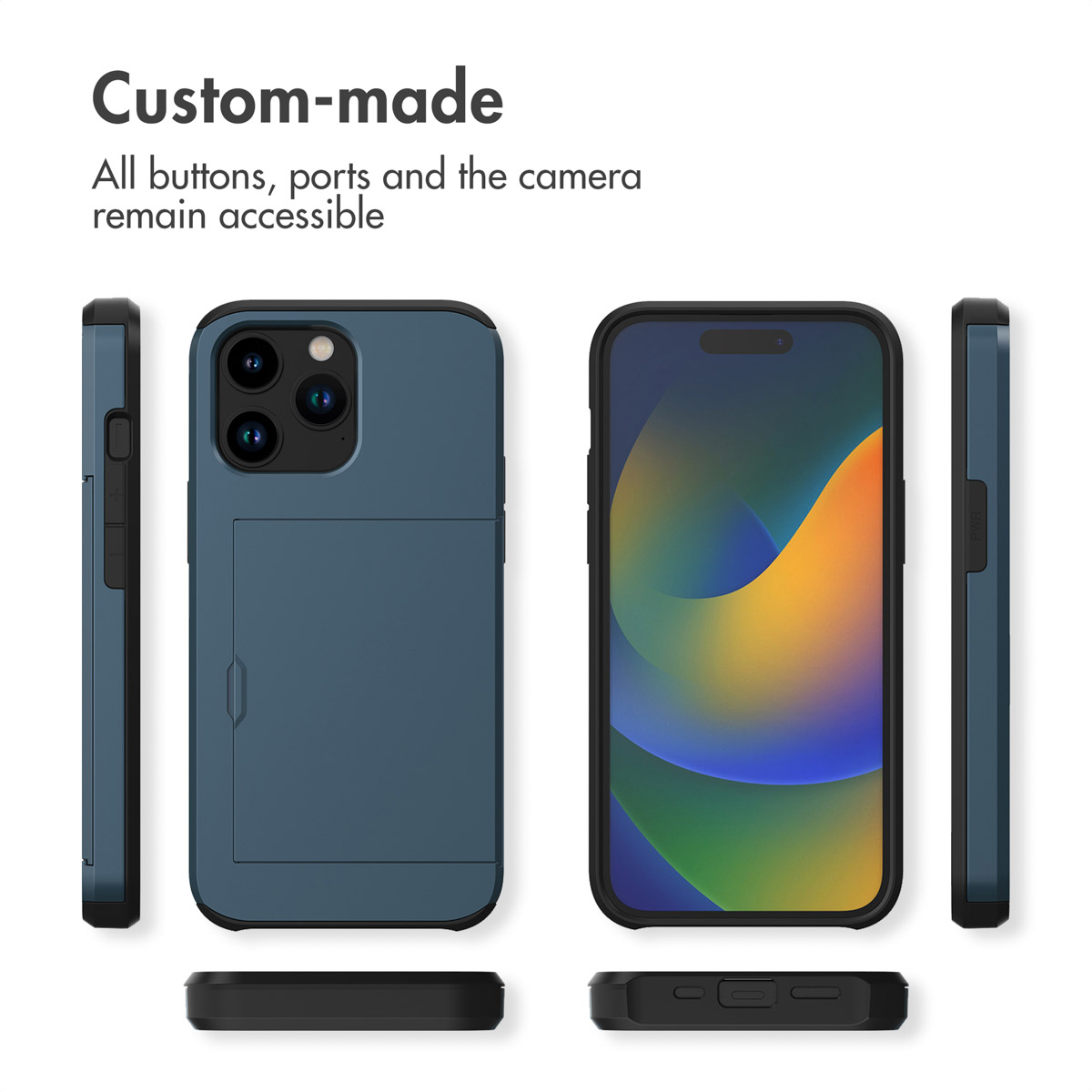 Coque de téléphone bleue sous plusieurs angles avec porte-cartes.