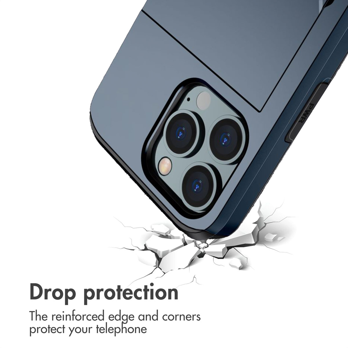 Coque de smartphone bleue heurtant le sol, démontrant une protection contre les chutes.